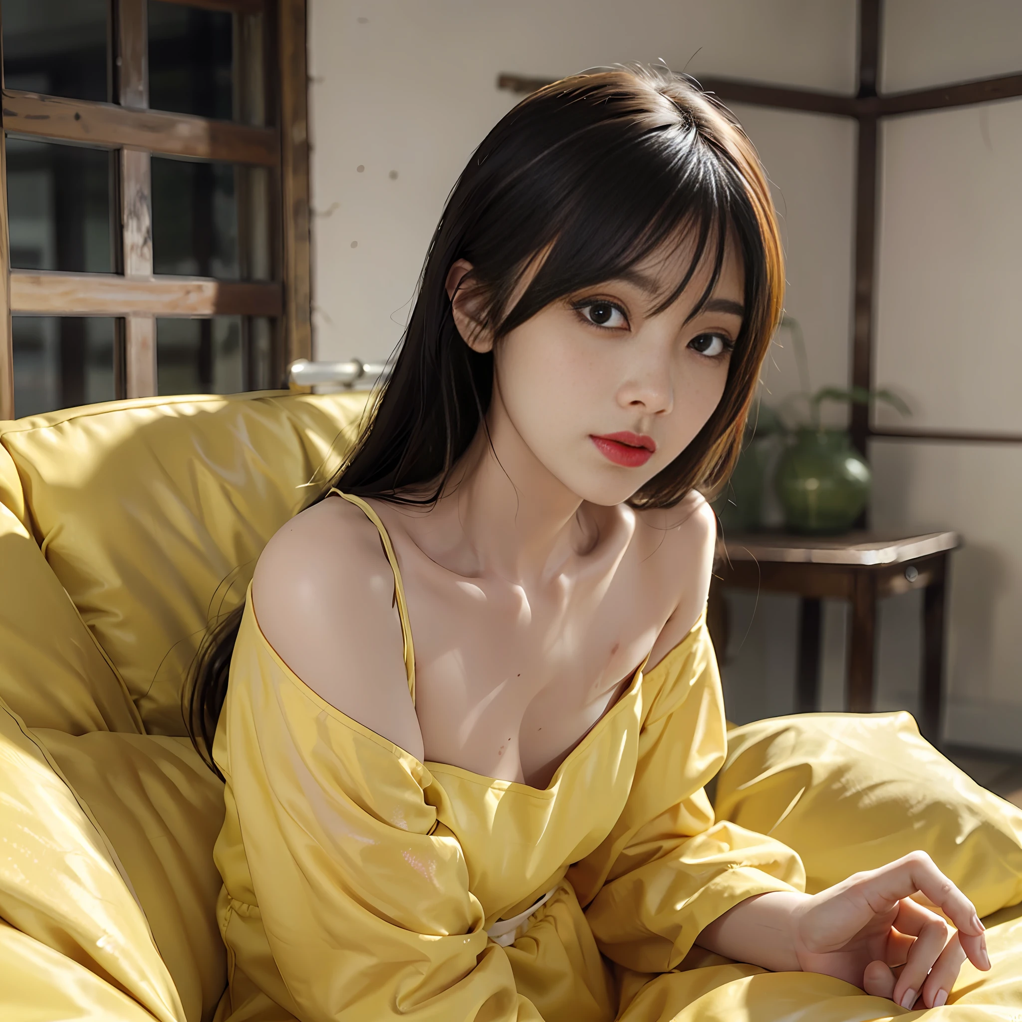 Sweet face, rubber, white bodice, yellow sofa, medium bust, half body ((best quality, 8k, masterpiece: 1.3))), clear focus: 1.2, (layer cut, large: 1.2), beauty with perfect figure: 1.4, slim abs: 1.2, wet body: 1.5, highly detailed face and skin texture, detailed eyes, double eyelids, long hair