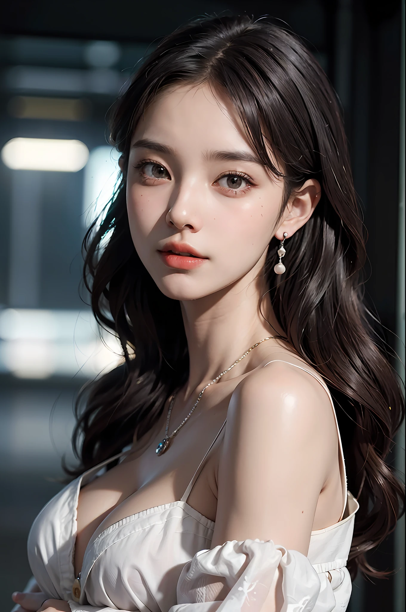 Wearing only one long shirt (Open all buttons: 1.1), small, top quality, masterpiece, illustration, very delicate and beautiful, very detailed, CG, unity, 8K wallpaper, amazing, fine detail, highly detailed CG Unity 8K wallpaper, huge file size, very detailed, high resolution, handsome detail woman, very detailed eyes and face, wonderful detailed eyes, face light, ( Best Illustration: 1.1), (Best Shadow: 1.1), Ultra High Resolution, (Photoreal: 1.1), (Photoreal: 1.2:1.1), Realistic Face Proportions, Slender, Smile, (Makeup: 0.4), (Fluffy Black Eyes: 1.21), Black Eyes, Look at the Beholder, Dark Brown Hair, Earrings, Necklace, Hairpin, Cowboy Shot, ( irregular irregular skin imperfections, veins, wrinkles on the skin: pores: 1.2), (dark night background: 1.2), (bokeh: 1.4),