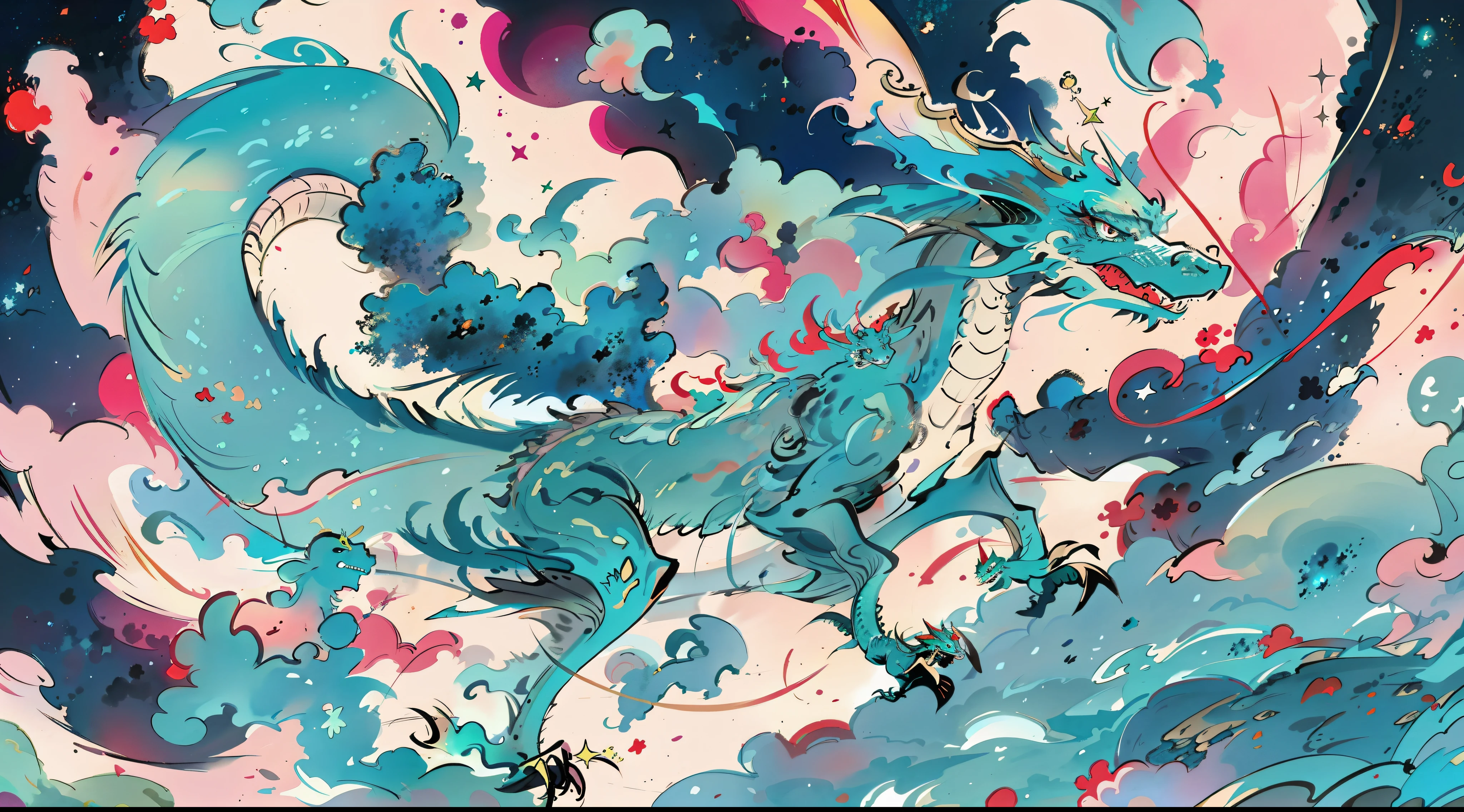 a teal oriental dragon flying around the cosmic nebulas stars