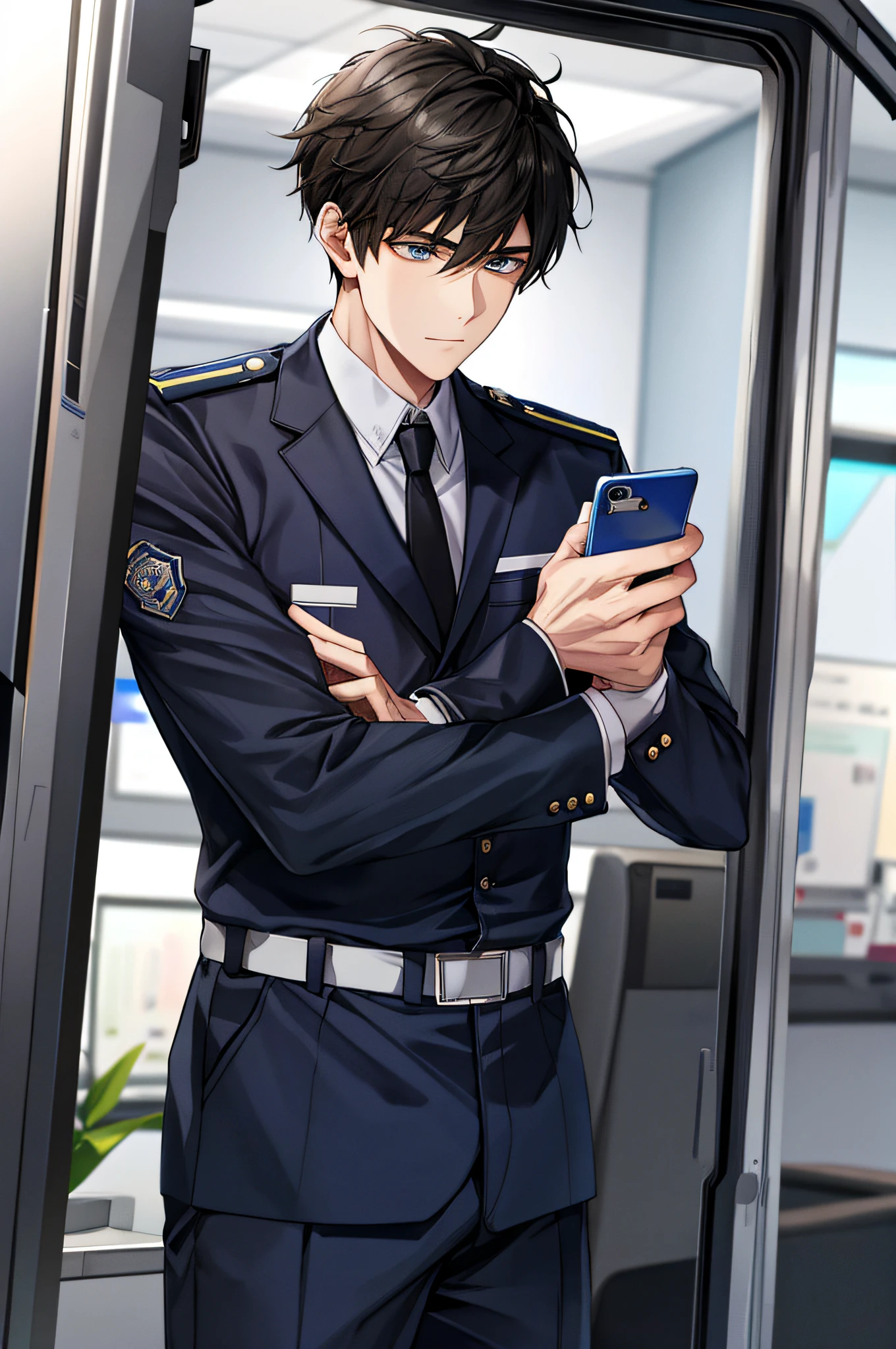 1boy, adult, police uniform, best quality, office, phone to ear