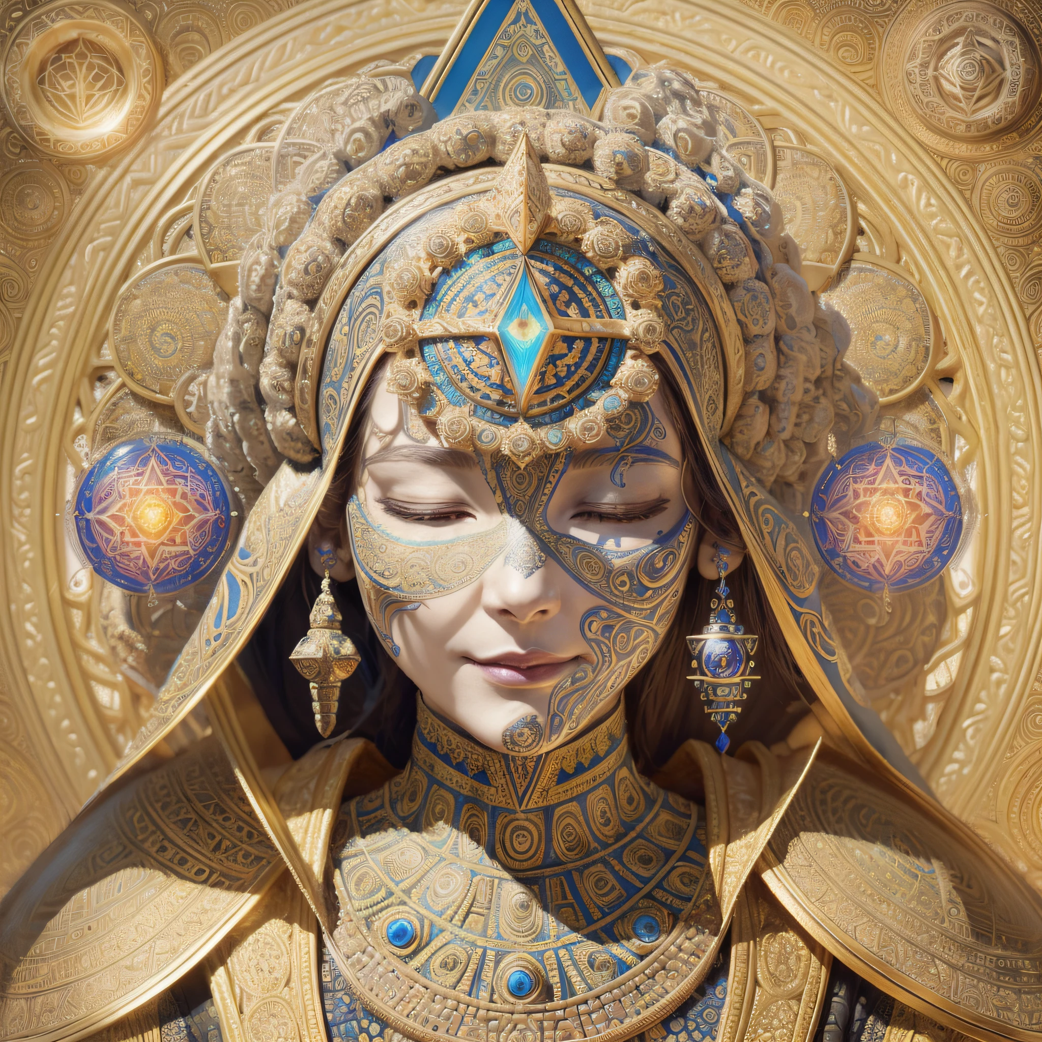 Beautiful and intricate face of Osiris by (brilliant sacred geometry:1.3), (humanoid features:1.2), closed eyes, (art by Alex Grey:1.2), (Unreal Engine 5:1.4), 8K HD, advanced shading, external light source, bright chakras, bright energy, (high contrast:1.1), sad and happy masks, (highly detailed, highly intricate:1.7), (ultra realistic:1.1), very colorful, (psychedelic: 1.1), Extra terrestrial, alien, Tribal --auto --s2