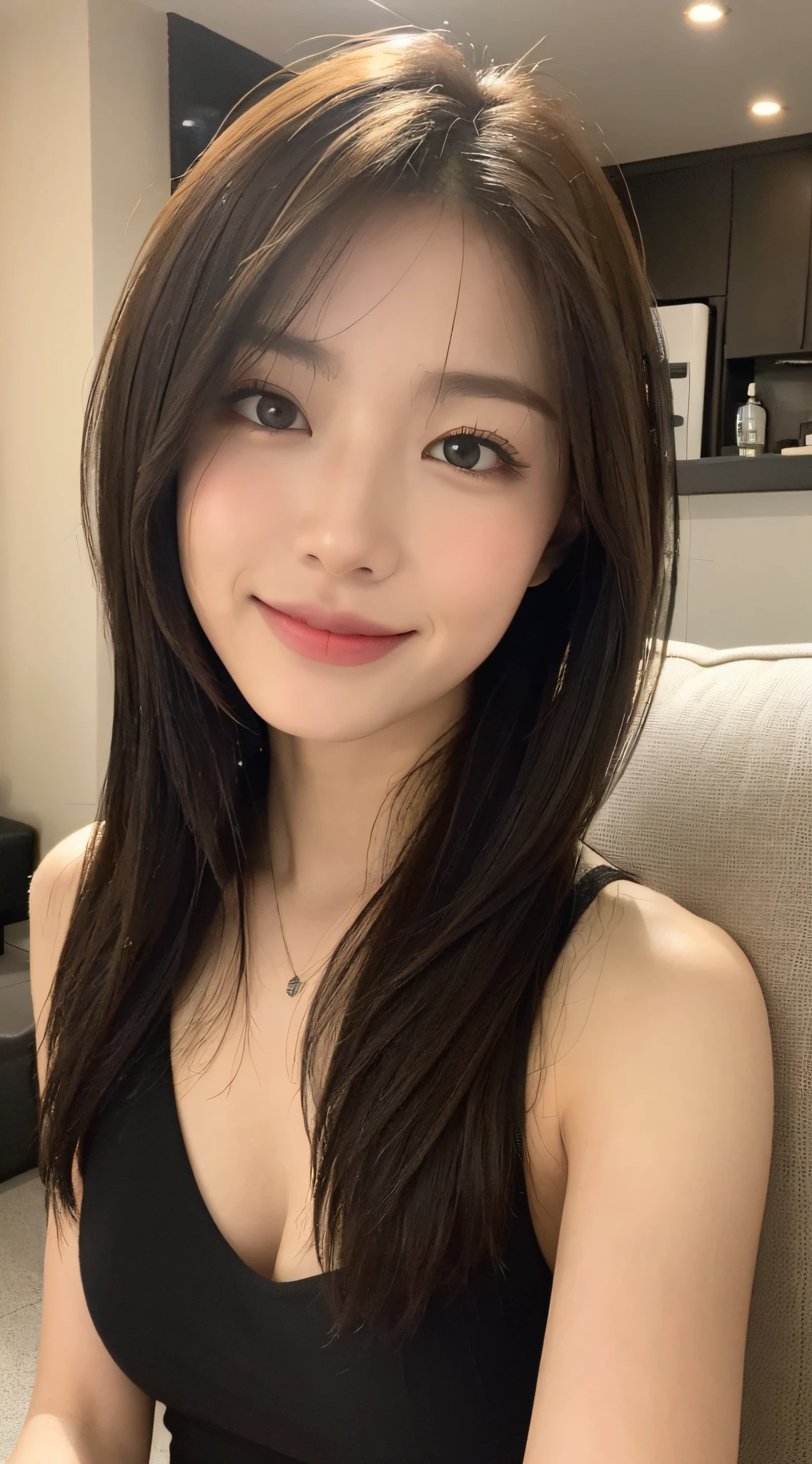 ((Best Quality, 8k, Masterpiece: 1.3)), Focus: 1.2, Perfect Body Beauty: 1.4, Buttocks: 1.2, ((Layered Haircut, Breasts: 1.2)), (Rain, Street: 1.3), Highly detailed face and skin texture, Fine eyes, Double eyelids, Whitened skin, Long hair, (Shut up: 1.3), smile, on the sofa, indoors