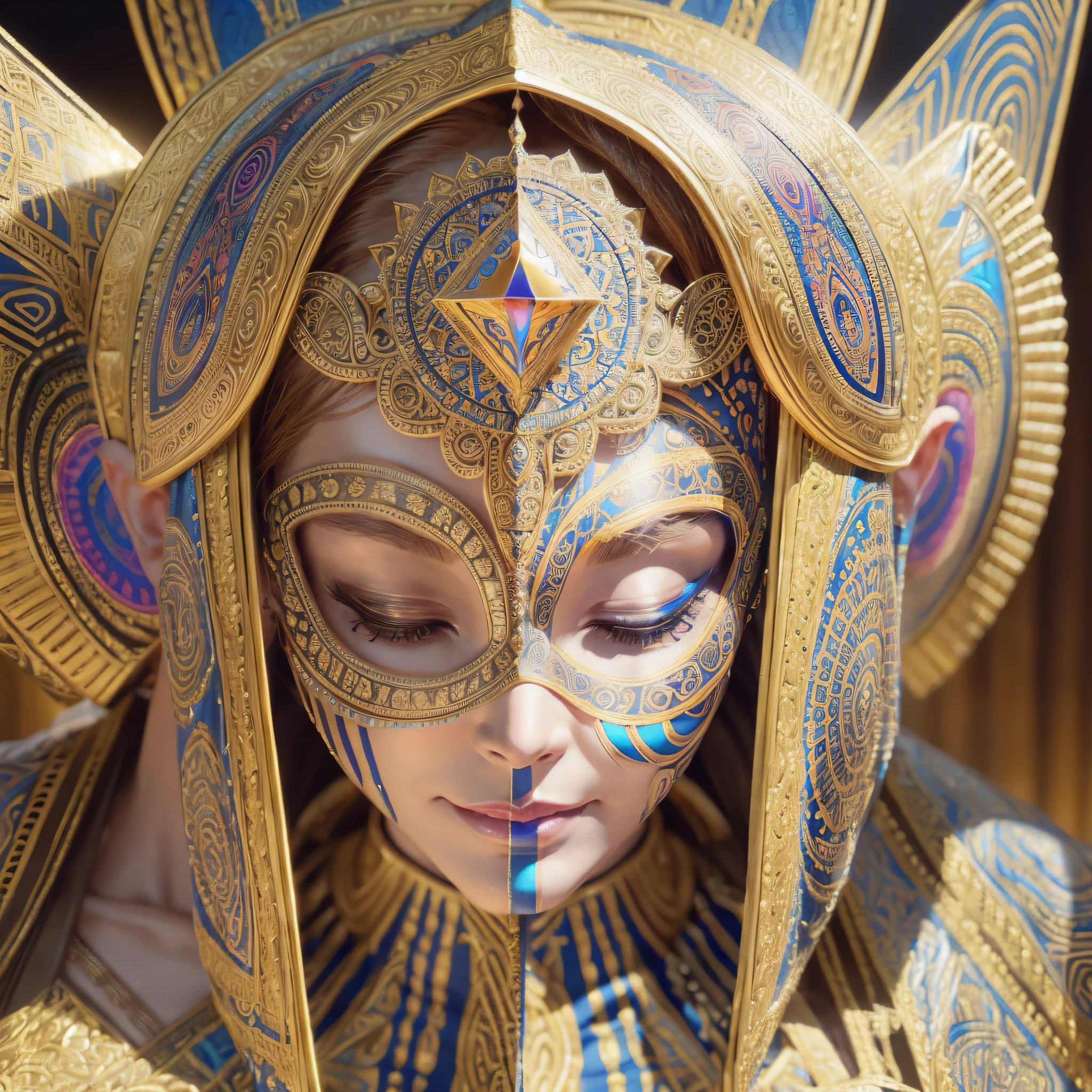 Beautiful and intricate face of Osiris by (brilliant sacred geometry:1.3), (humanoid features:1.2), closed eyes, (art by Alex Grey:1.2), (Unreal Engine 5:1.4), 8K HD, advanced shading, external light source, bright chakras, bright energy, (high contrast:1.1), sad and happy masks, (highly detailed, highly intricate:1.7), (ultra realistic:1.1), very colorful, (psychedelic: 1.1), Extra terrestrial, alien, Tribal --auto --s2