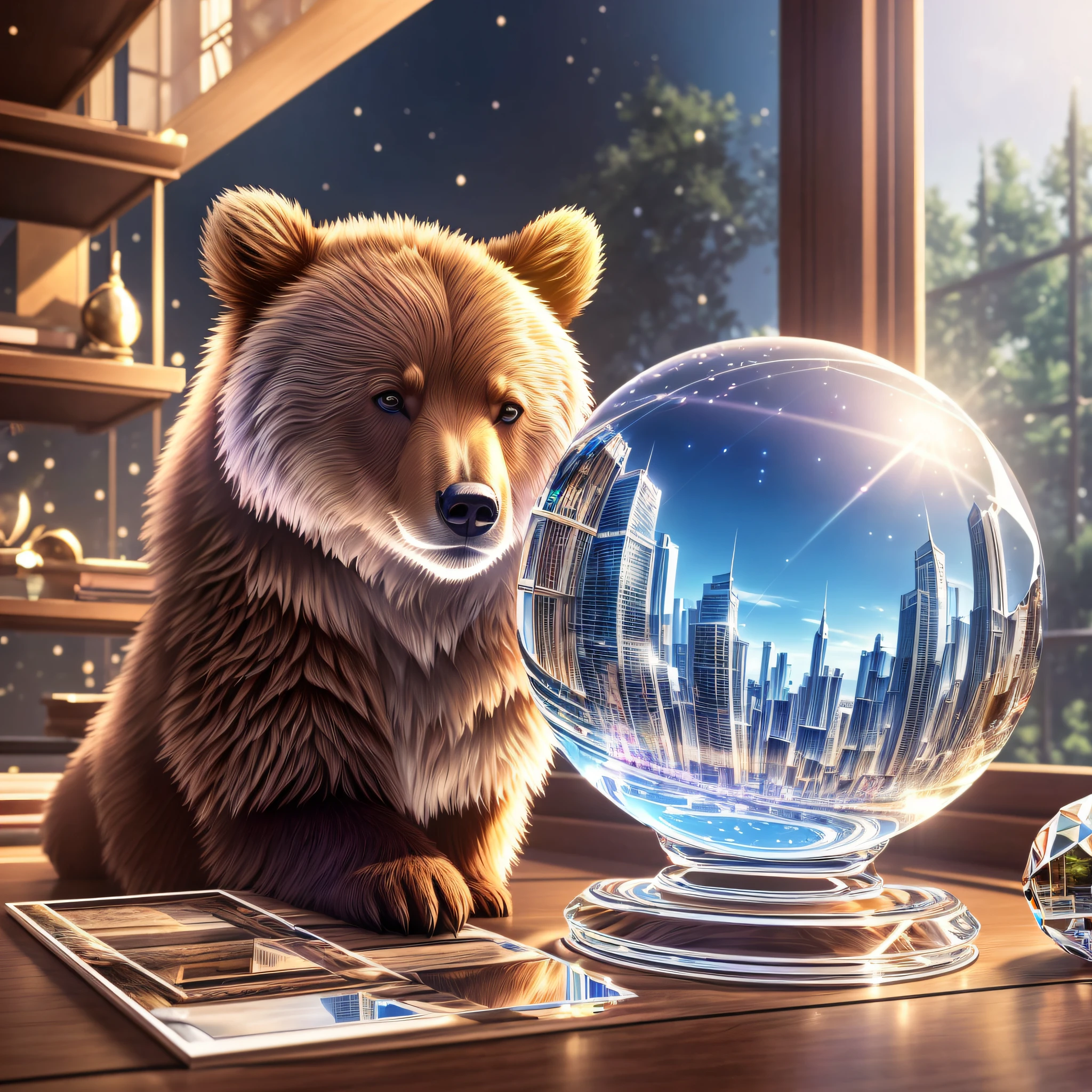 Masterpiece, best quality, extremely beautiful reflection, best reflection. (Very detailed CG unity 8k wallpaper), (best quality), (best illustration), (best shadow), crystal ball, desk, bear toy --auto --s2