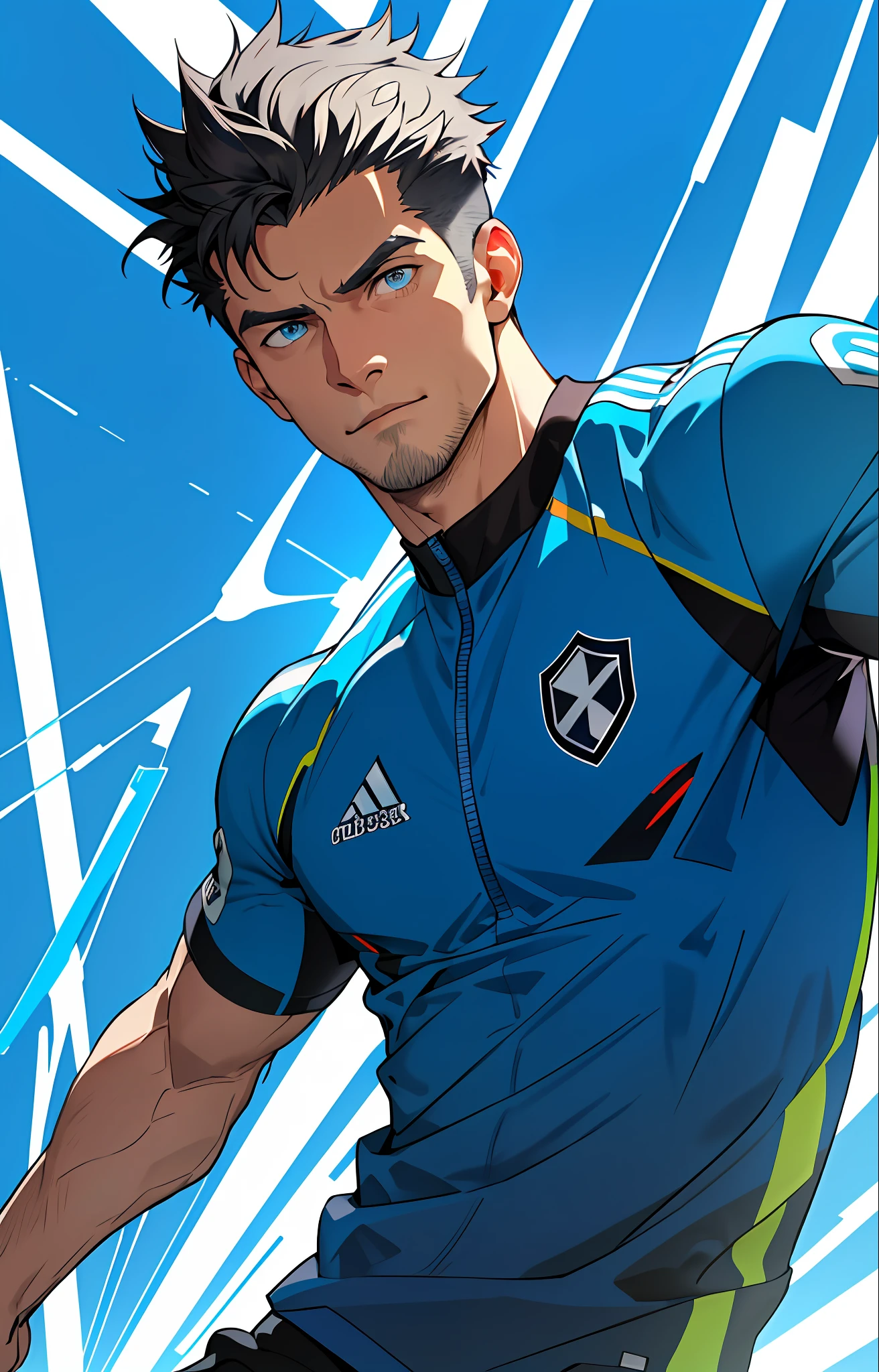 (masterpiece, best quality, absurd), 1man, muscular, detailed eyes, blue eyes, jacket open with the embrema of the football botafogo and regattas on the chest, running to the camera, upper body, (fluorescent lamp), (colored), ((abstract background)),