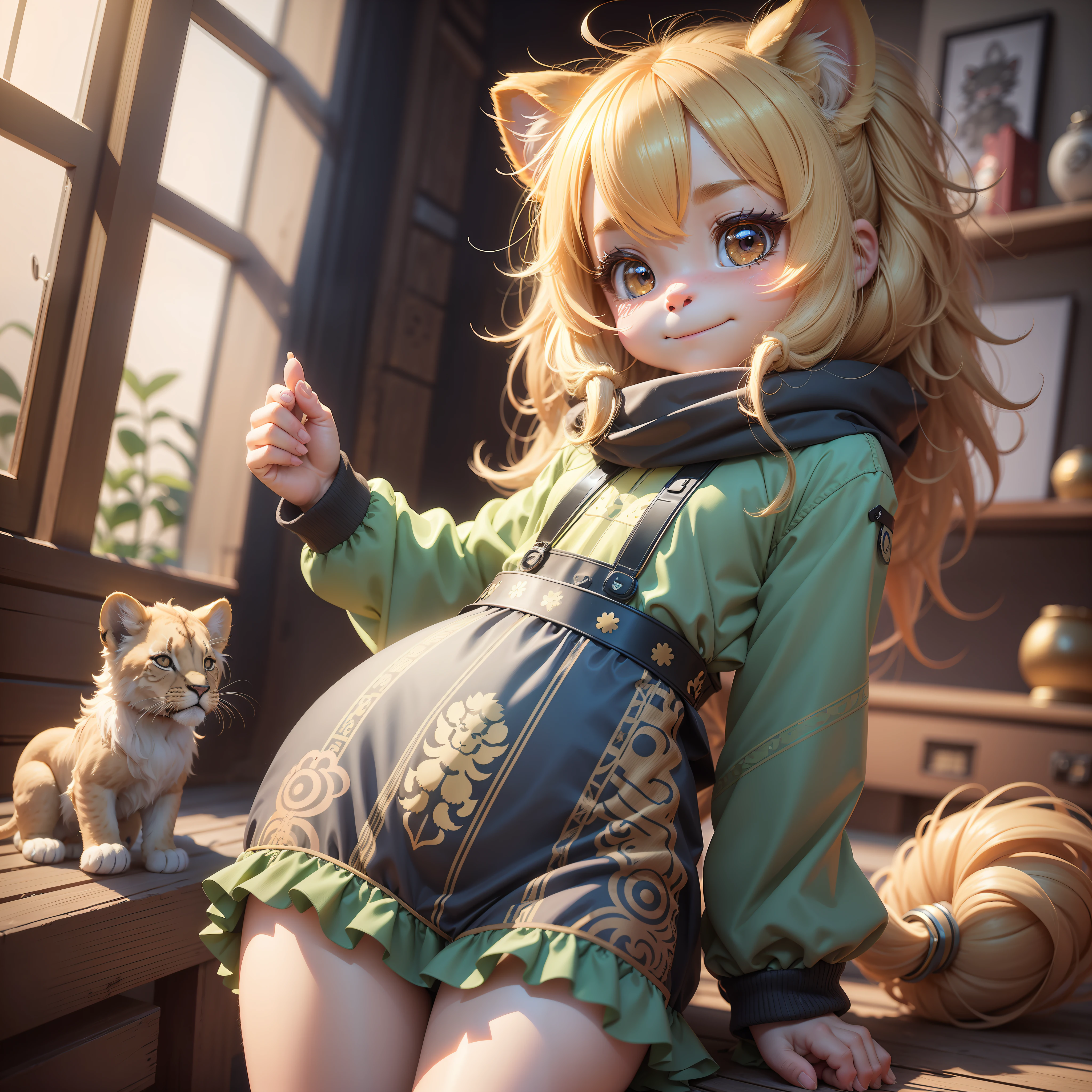 lion-cub-girl furry, long lion tail, fluorescent translucency, luminous body, kawaii, Pixar, intricate details, 3d rendering, blender, oc renderer, High Details, 8K, Studio Lighting, , Petite, Child, Chibi, SD characters: 1.1, look at camera, wide smile