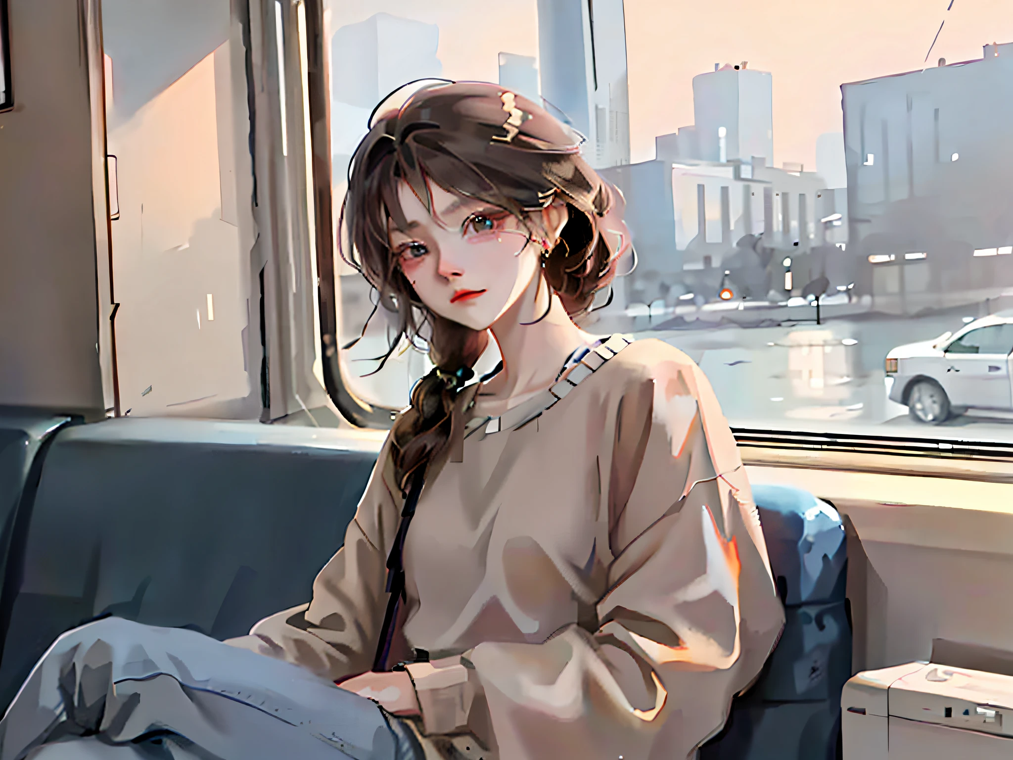there is a woman sitting on a train looking out the window, artwork in the style of guweiz, lofi portrait, lofi girl, lofi portrait at a window, beautiful anime portrait, beautiful anime girl, cute portrait, portrait anime girl, guweiz, cute anime girl, 🤤 girl portrait, anime style. 8k