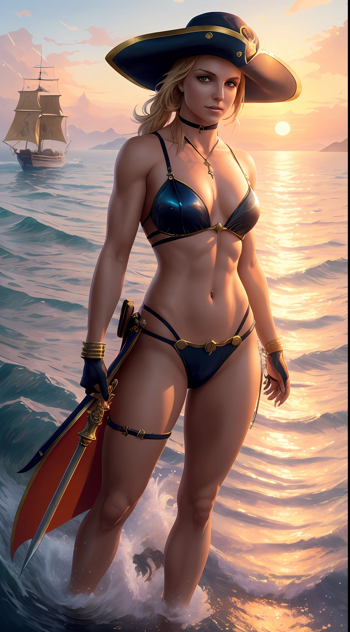 (Britney Spears) Masterpiece, best quality, (8k very detailed CG unit wallpaper) (best quality), (best illustration), (best shading) a golden sea wave, bright orange aol sunset through the wave, golden water drops flying, (:1. 6), fantasy medieval pirate, saber in hand, turban, pirate hat, hat, on a boat, sails, sea and sky background, the only characters, correct female anatomy, art by Greg Rutkowski, digital art by artgerm, detailed art, masterpiece, digital painting, correct anatomy