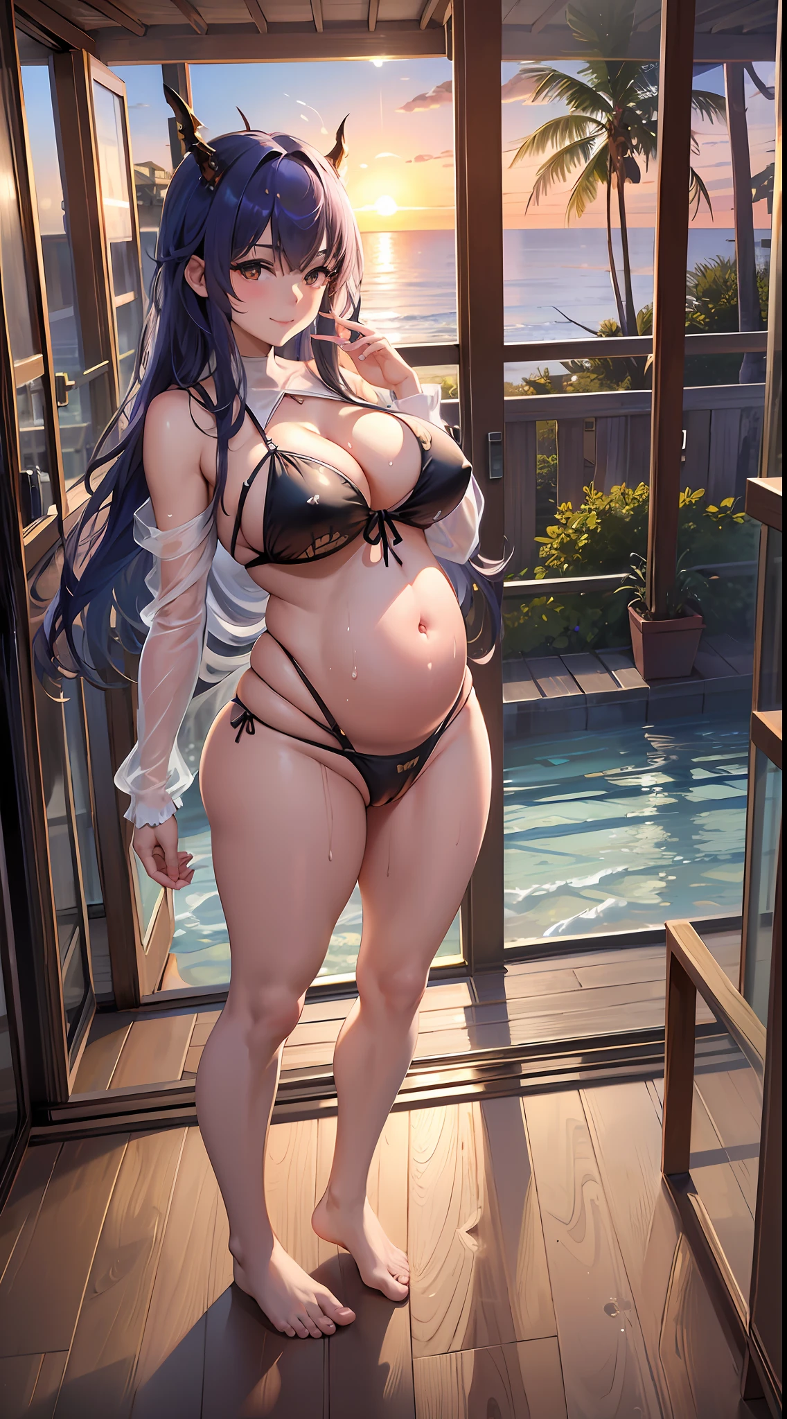 (Realistic, Realism: 1.37), (Masterpiece), (Best quality: 1.4), (Ultra High Resolution: 1.2), (RAW photo: 1.2), (Sharp focus: 1.3), (Facial focus: 1.2), Graceful, (Full body: 1.2), (1 pregnant woman wearing white transparent briefs with open belly and white transparent bra: 1.3), (Beach girl), Big bulge, Big breasts, Barefoot (24 years: 1.1), (Happy smile: 1.3), (Shiny hair: 1.3), , Standing, full body, exposed abdomen, white liquid drenched body, white liquid bath, pregnant with twins' belly, October pregnancy
(), landscape, (beautiful sunset background: 1.2), from behind, back, bangs, beautiful detail eyes, looking at the viewer, (cute), (without makeup), bulge, super huge erection under clothes
+ Lola