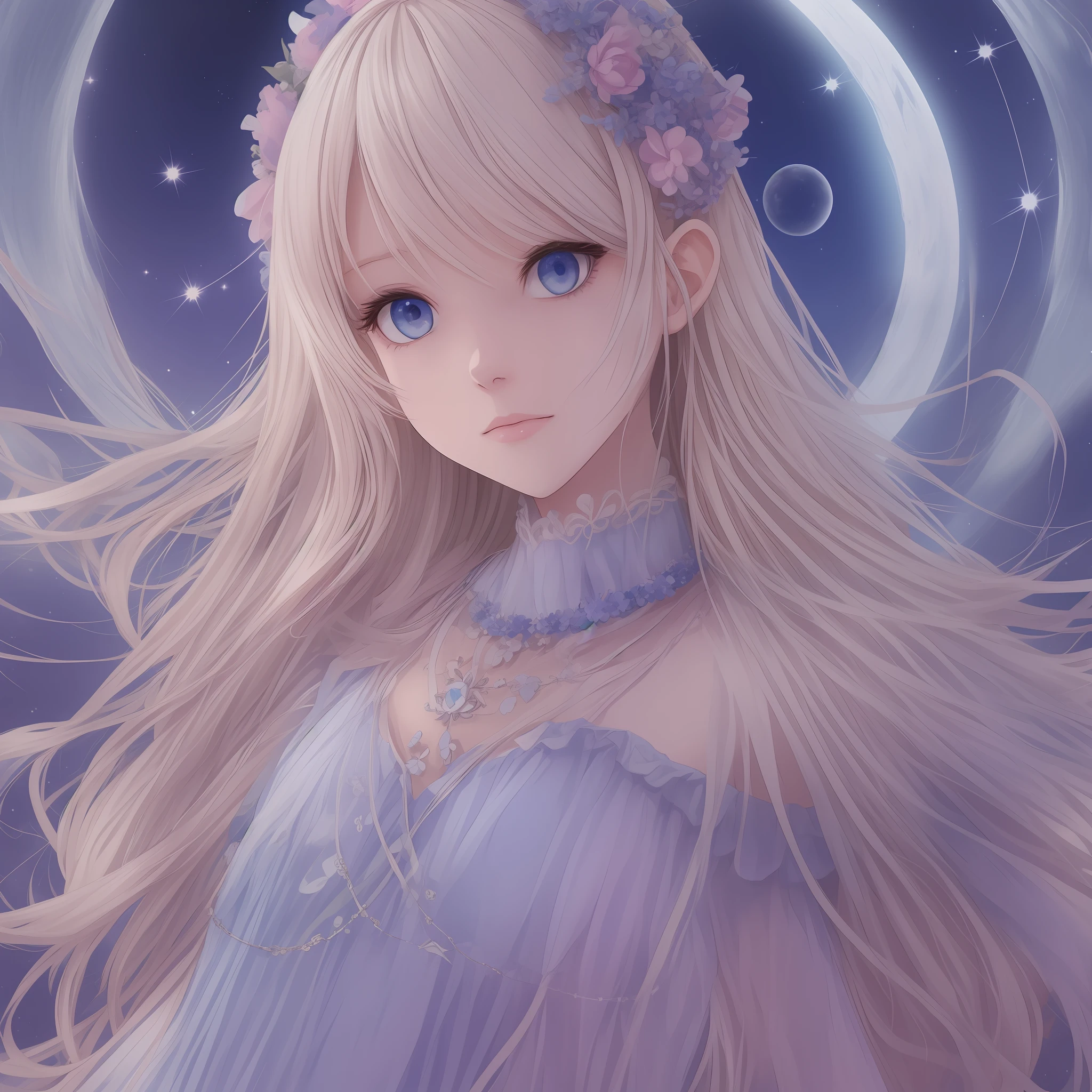 3d anime light blonde haired girl wearing a moon wreath on her head, pale blue violet colored eyes wearing pink and white celestial transparent dress with silver jewelry and pink and blue embellishments under a night sky with shining stars and moon --auto --s2