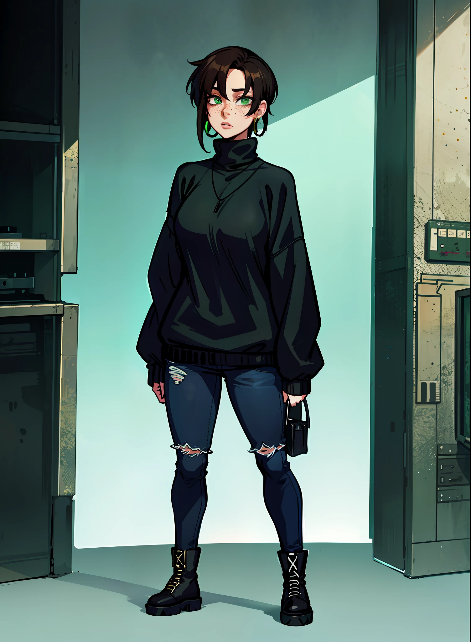 1woman, 1girl, solo woman, 1 person, single person, woman with a black baggy shirt and blue jeans, full body portrait of a short!, urban girl fanart, !!full body portrait!!, fullbody portrait, full body character portrait, wearing casual clothes, full-body character portrait, detailed full body portrait, character full body portrait, full body illustration, anime full body illustration, anime style character, short brown hair, combat boots, green eyes, Black sweater, freckles, hoop earings, loose sweater, baggy sweater, color black, ((Oversized sweater)) ((no item in hands))
