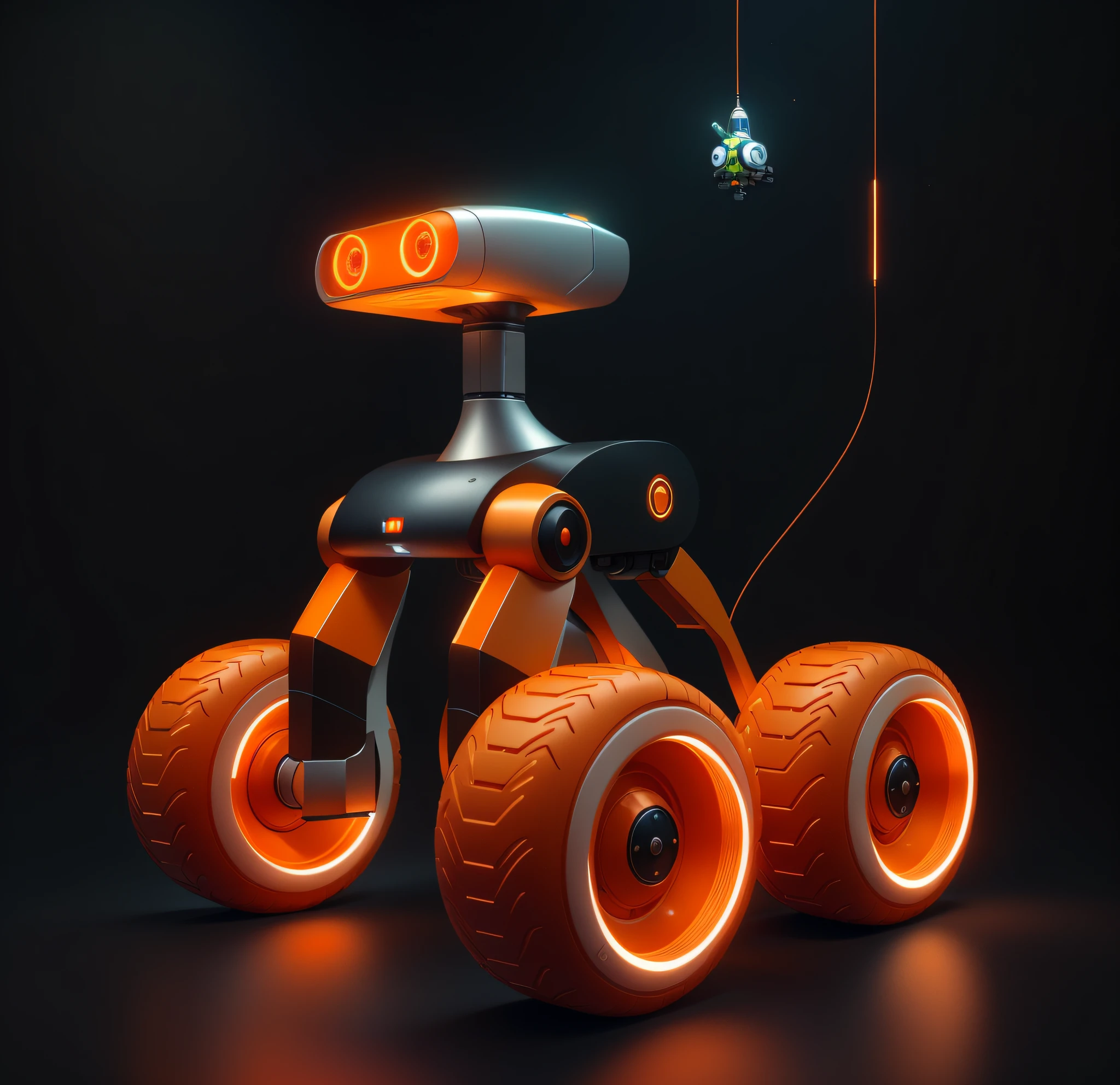 There is a small orange and white toy bike with wheels, concept robot, fashion robot, robot design, toy design, futuristic robot, safety robot delivery, humanoide robot, tintoy character design robot, robot, cute robot, robot, cute friendly robot, robot animal, futuristic product car shooter, cycle 3d rendering, robot, cycle 4d rendering, tech, futuristic city, jungle theme, rainforest, delicate leaves, Masterpiece, best illustration, best quality, 8K, particle effects, isometric 3D, Octane rendering, ray tracing, super detailed, incredible detail