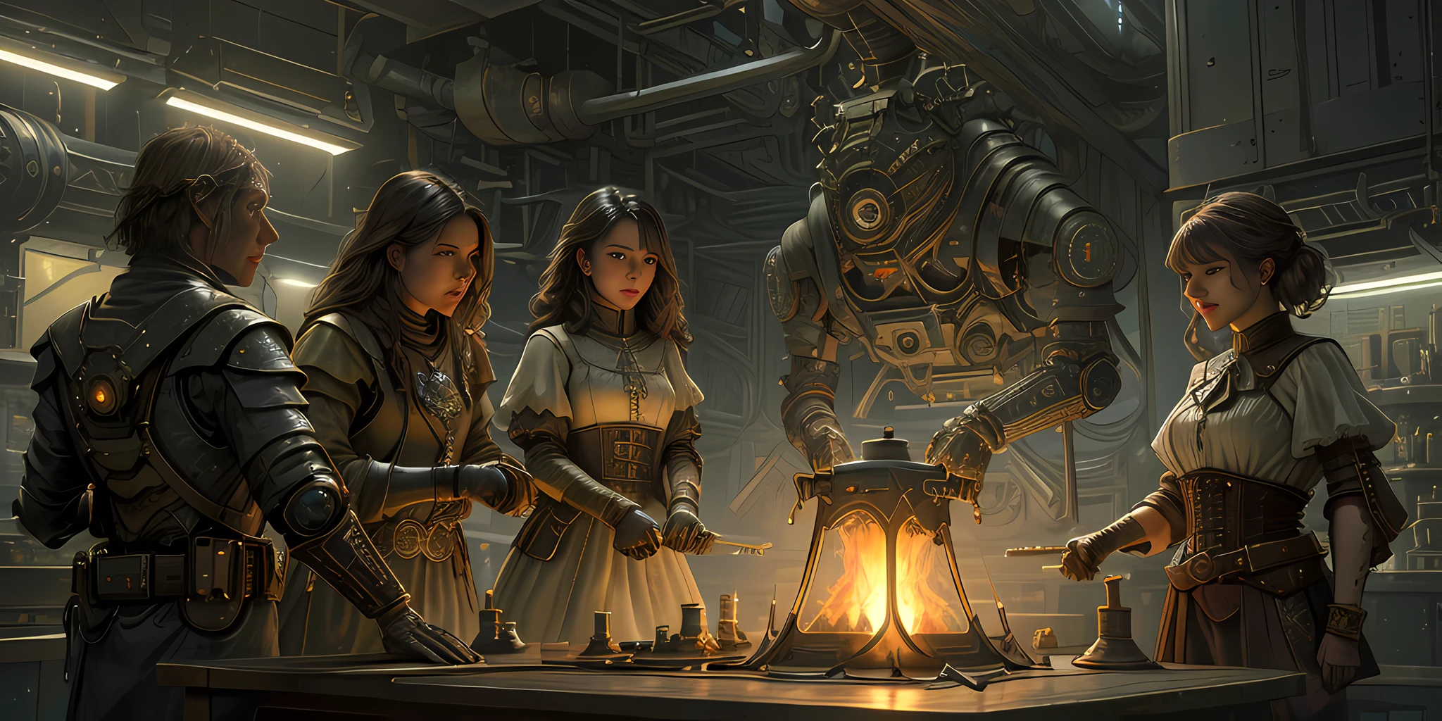 (Realisticity: 1.4), Fine, Quality, (Rembrandt Lighting: 1.3), (Masterpiece: 1.2), (Best Quality), Metallic, (Clothes Detail: 1.3), (Intricate Detail), Brunette Hair, Dramatic, Ray Tracing, Light Pollution, White, Combat, Intense, Dynamic, Angry, (1girl), 18th century European white shirt, Quarters composition, (openwork lace sleeves), (Tyndall effect: 1.2), Anatomically correct, (Sci-Fi, steampunk, gears, steam stoves, boiler, science, laboratory, fog))