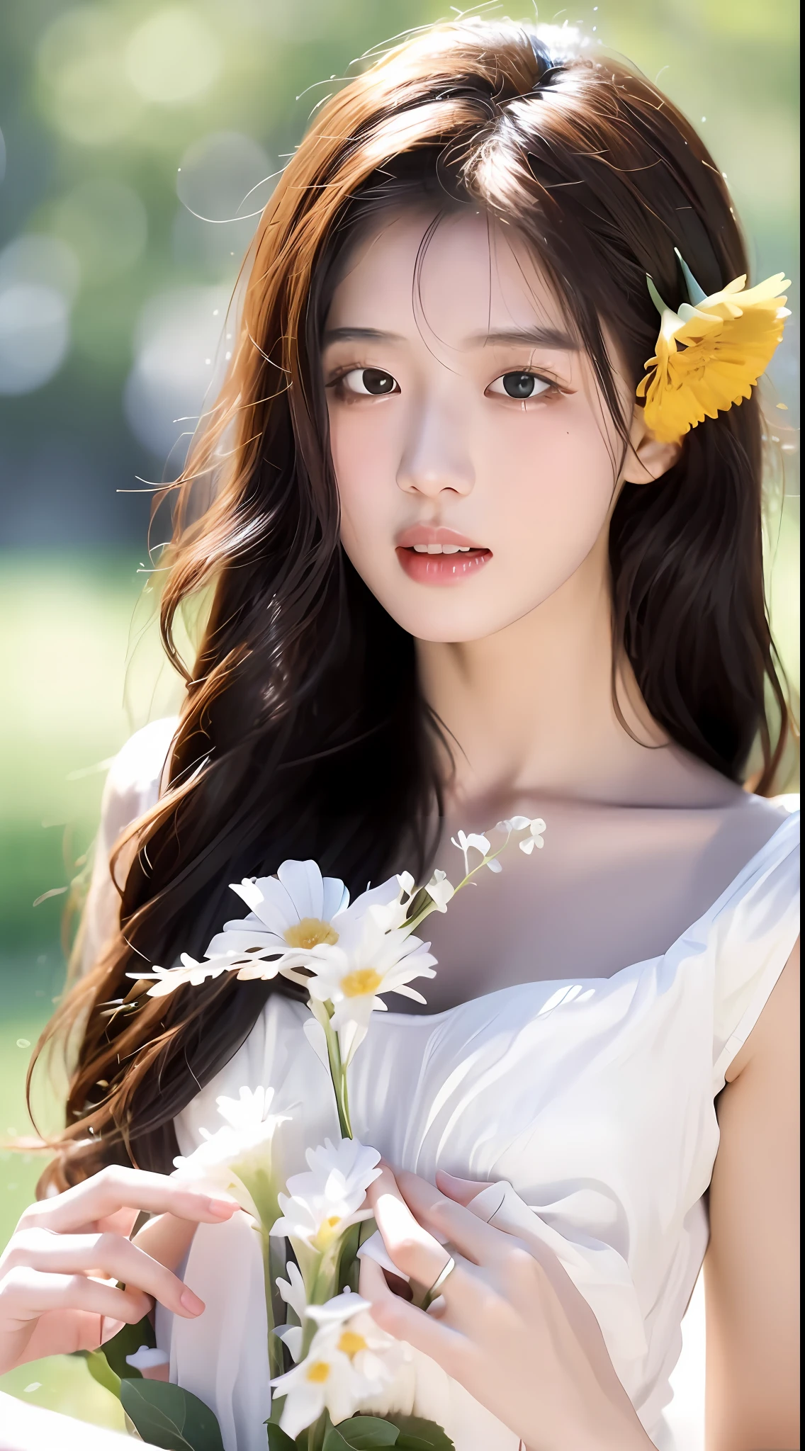 araffe woman with long hair holding a bunch of flowers, gorgeous chinese model, beautiful girl model, beautiful young korean woman, gorgeous young korean woman, beautiful asian girl, beautiful south korean woman, hot with shining sun, chinese girl, asian girl with long hair, inspired by Huang Ji, with flowers, young cute wan asian face, a beautiful young woman