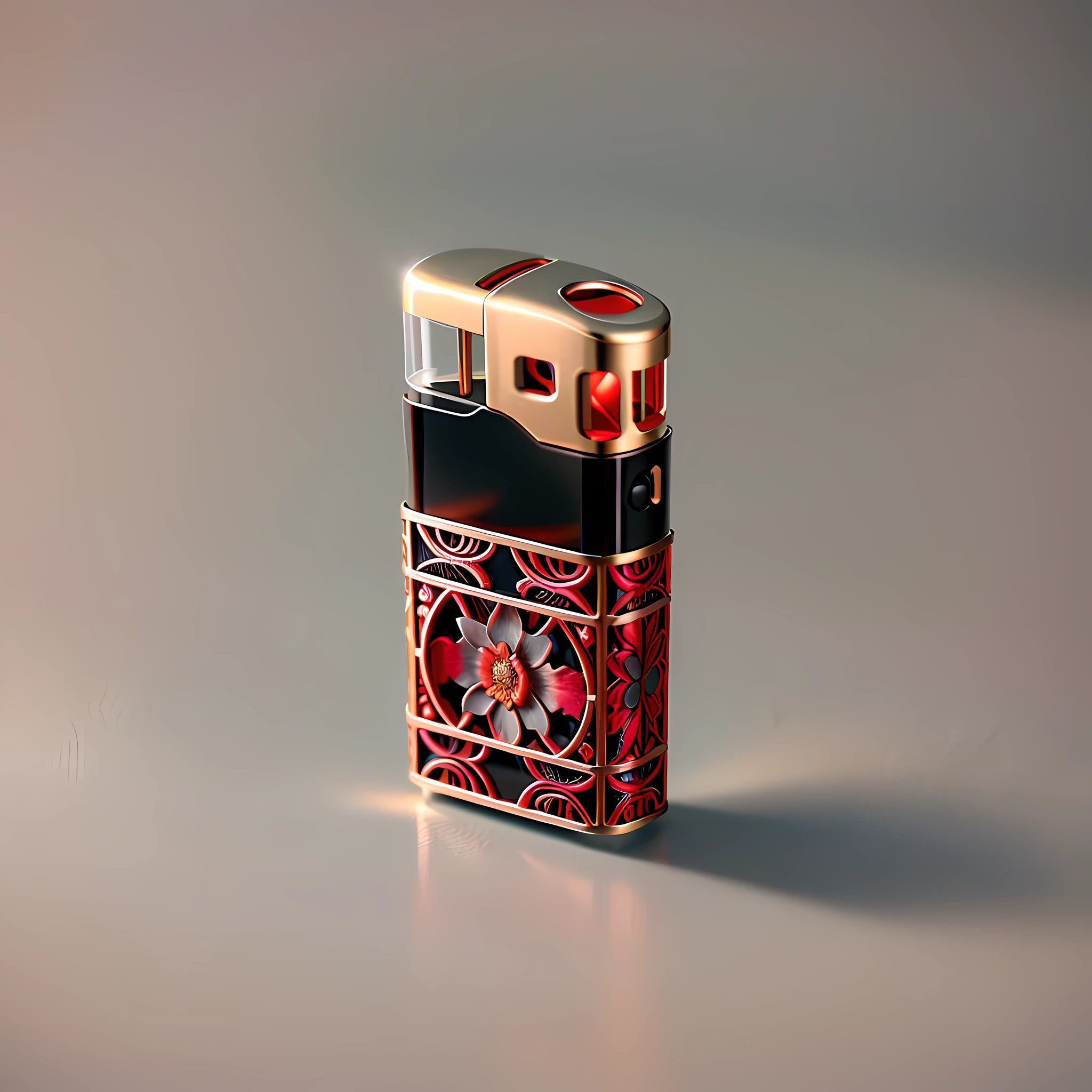 Close-up of lighter with red window flower cutout design, Mongata smoke red light, high quality product photos, highly detailed product photos, product photos, high detail product photos, product design shots, high resolution product photos, detailed product photos, well lit, very intense, concept art zippo lighter, coral red, fire, carving highly detailed