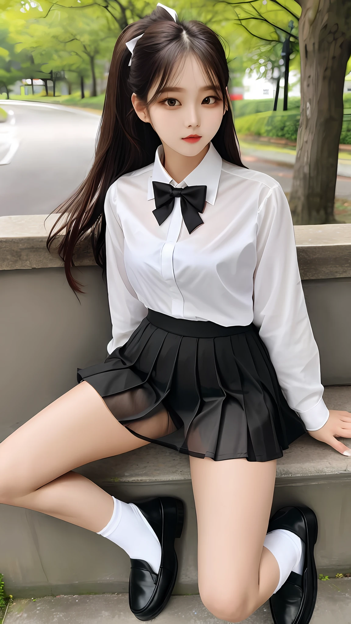 Underwear, 20 year old woman photo, cute, panties, ((KPOP Idol)), lace panties, sitting, panty shot, spread legs, skirt, white panties, socks, black hair, shirt, blurred, blurry background, knee high, sheer white shirt, loafers, realistic, long hair, lips, brown eyes, black socks, bow tie, pleated skirt, bow, Headrest, sideways, outdoors, brown footwear, masterpiece, top quality, ultra detail,