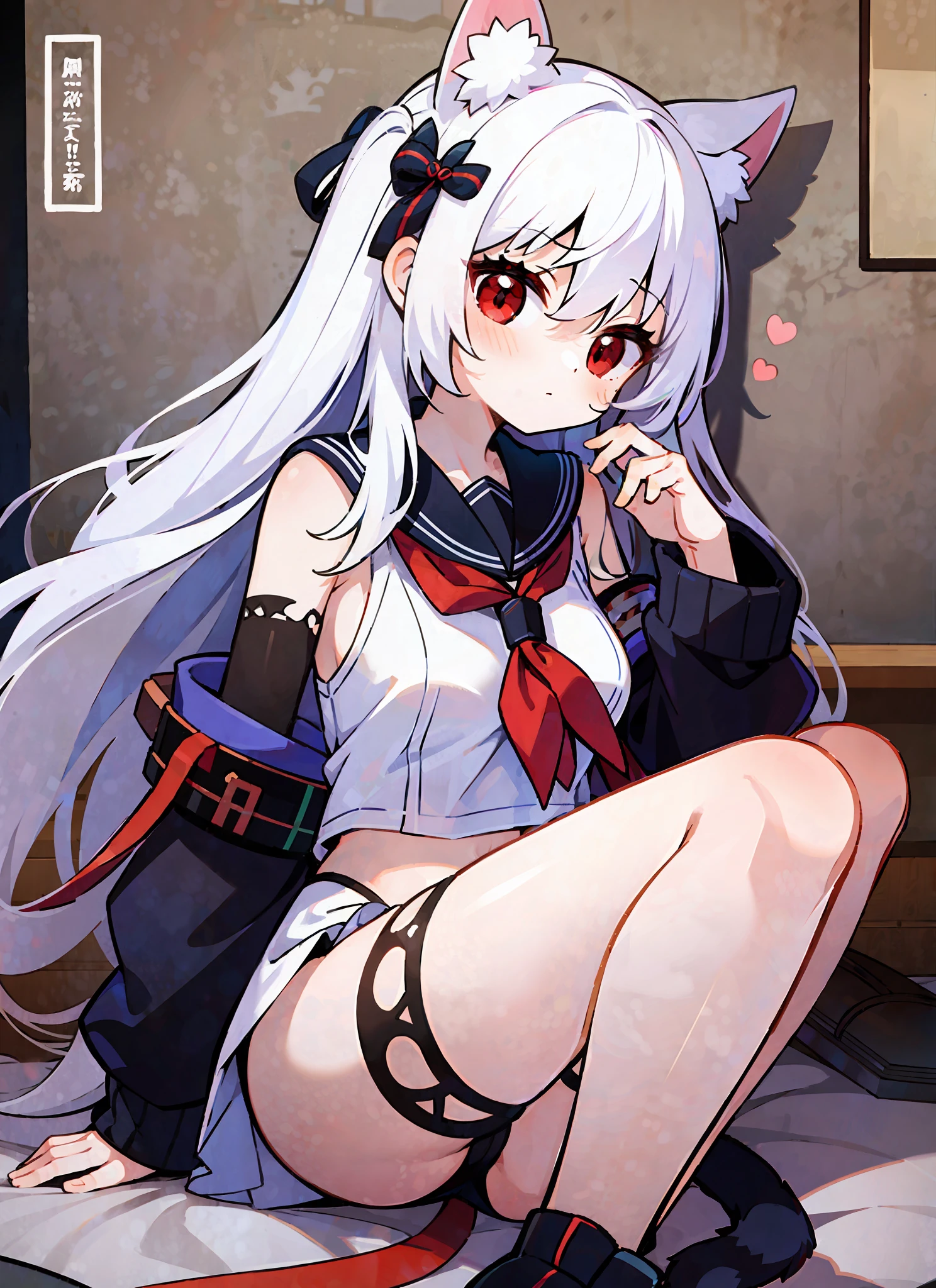 1girl, masterpiece, best quality, ultra-detailed, cat ears, boobs, li, chwhite hair ,red eyes ,medium hair ,hair between eyes ,thighs ,sailor fuku ,cute