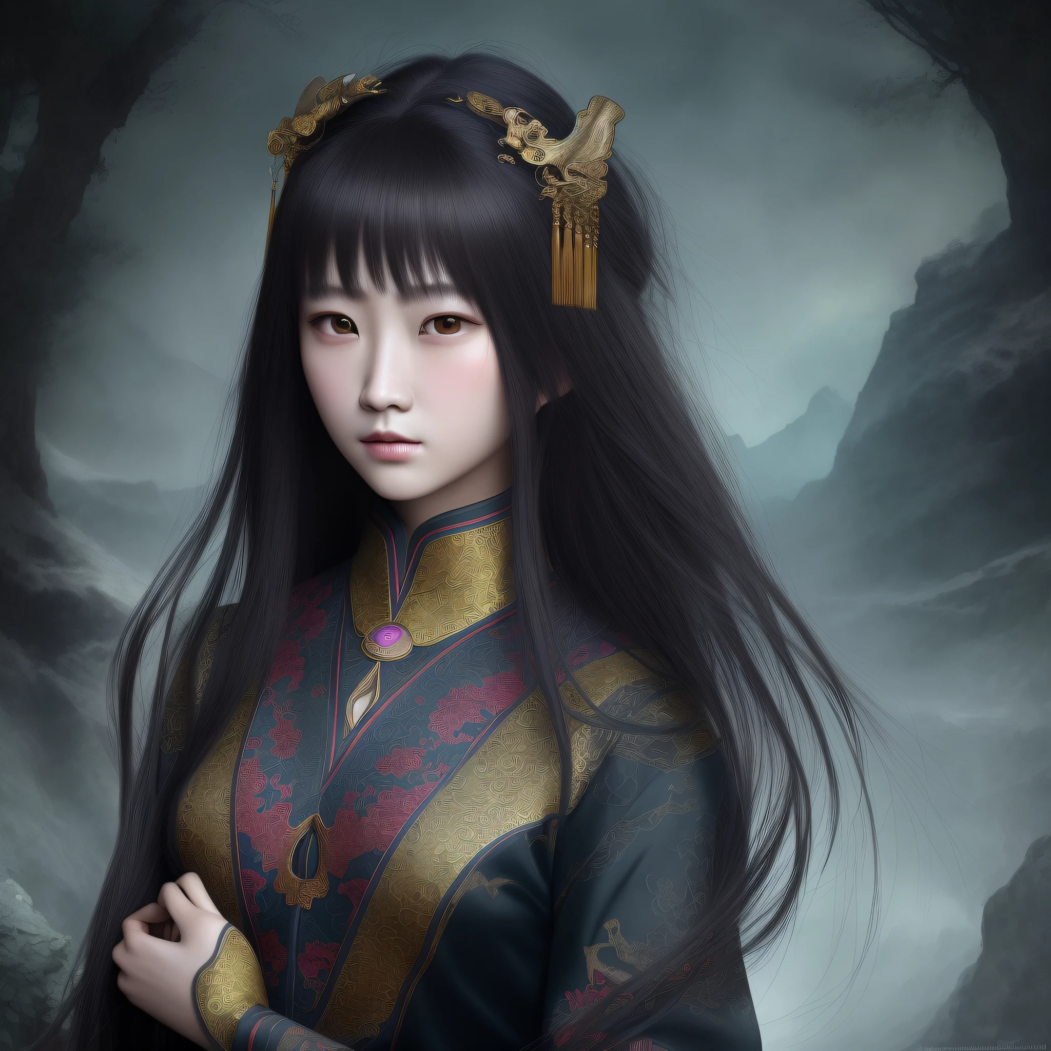 Portrait of Ancient Chinese Beauty, Fantasy Art, Photo Realism, Dynamic Lighting, Poster, Volume Lighting, Very Detailed Faces, 4 K, Award-Winning ,,1Girl, In the Dark, Deep Shadows, Low Key, Lady Photos, (Formal Wear: 1.4), Long Hair,