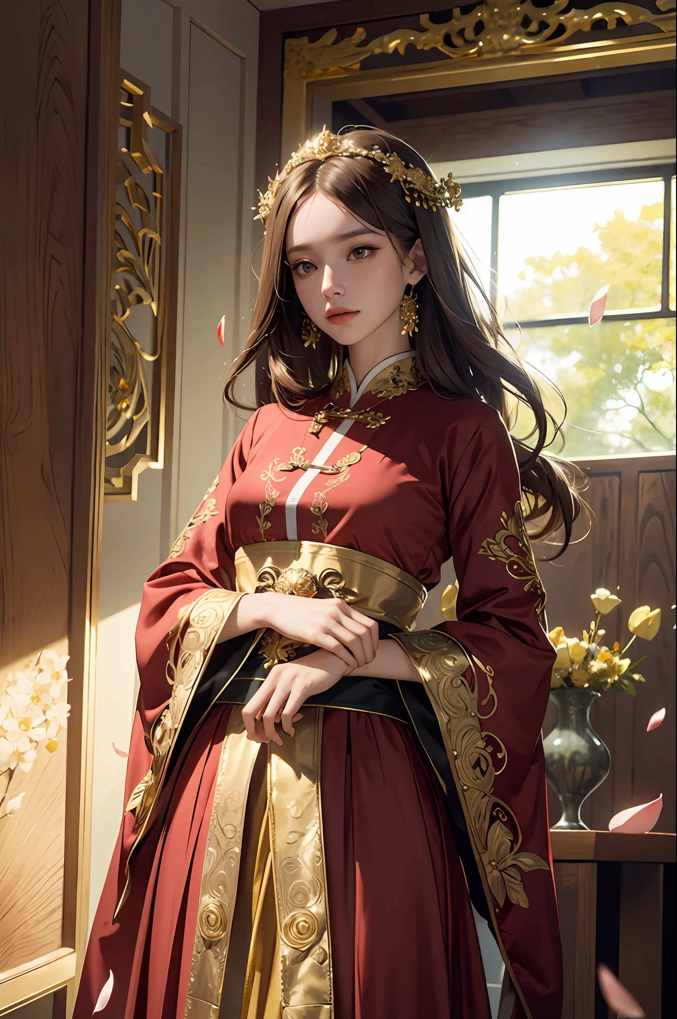best quality, masterpiece, highres, (exquisite body:1.5),gorgeous face,(milky skin:1.3),intricate details,high resolution,wallpaper,
1girl, solo, dress, hair ornament, (((gold and red dress))), flowers, long hair, brown hair, closed mouth, jewelry, long sleeves, hand up, wide sleeves, big eyes,floating hair, chinese clothes, hanfu, embroidery, long skirt, natural pose, falling petals, indoor,fanning, lantern,
16K,HDR,highres,depth field,(film grain:1.1),boken,golden hour,(lens flare),vignette,rainbowing,(color grading:1.5)