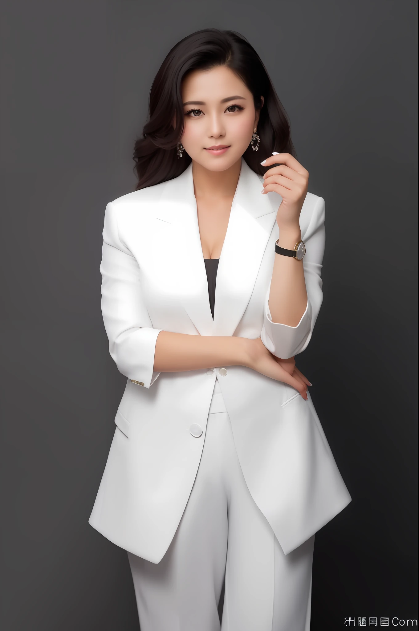 Posing for sweet lady president in white suit and black top, wearing white suit, professional portrait photo, professional studio photo