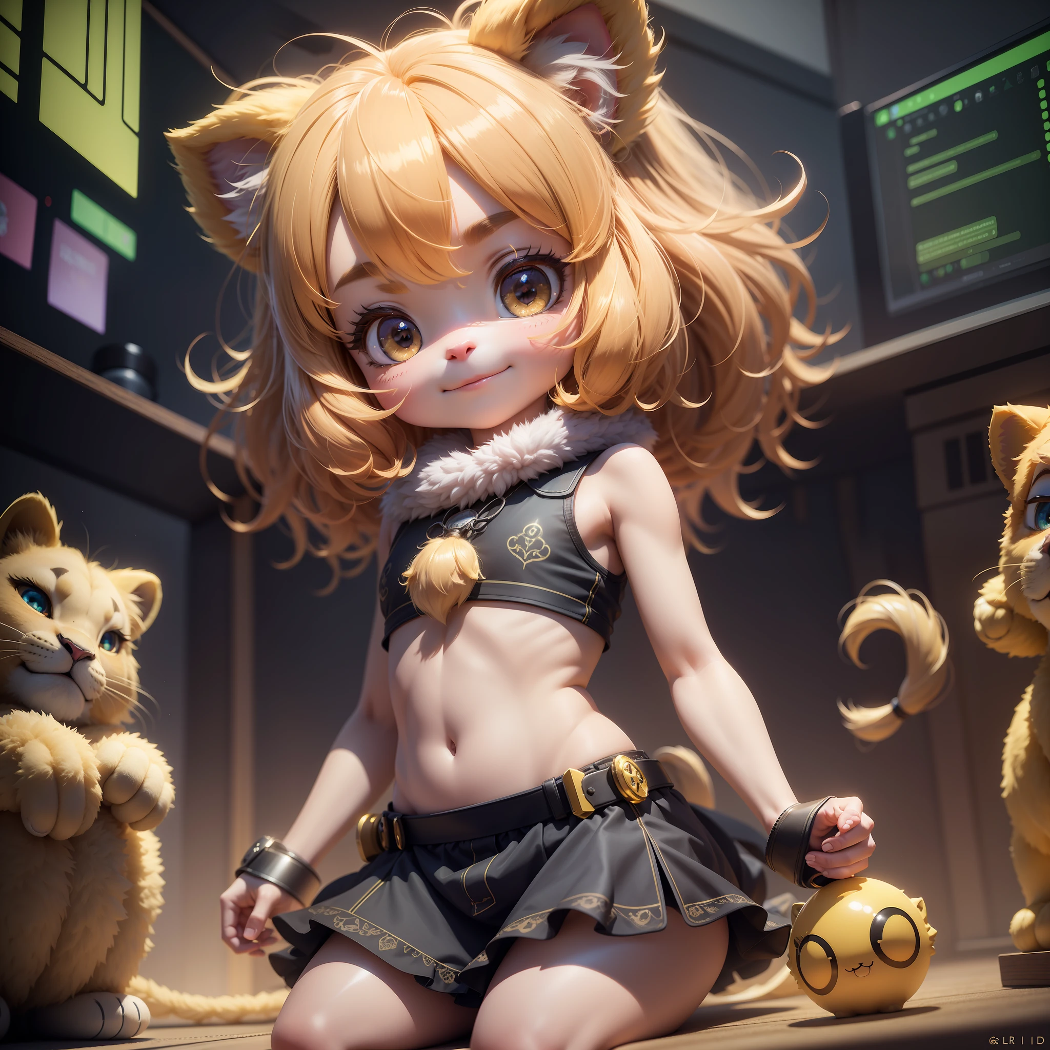 lion-cub-girl furry, long lion tail, fluorescent translucency, luminous body, kawaii, Pixar, intricate details, 3d rendering, blender, oc renderer, High Details, 8K, Studio Lighting, , Petite, Child, Chibi, SD characters: 1.1, look at camera, wide smile