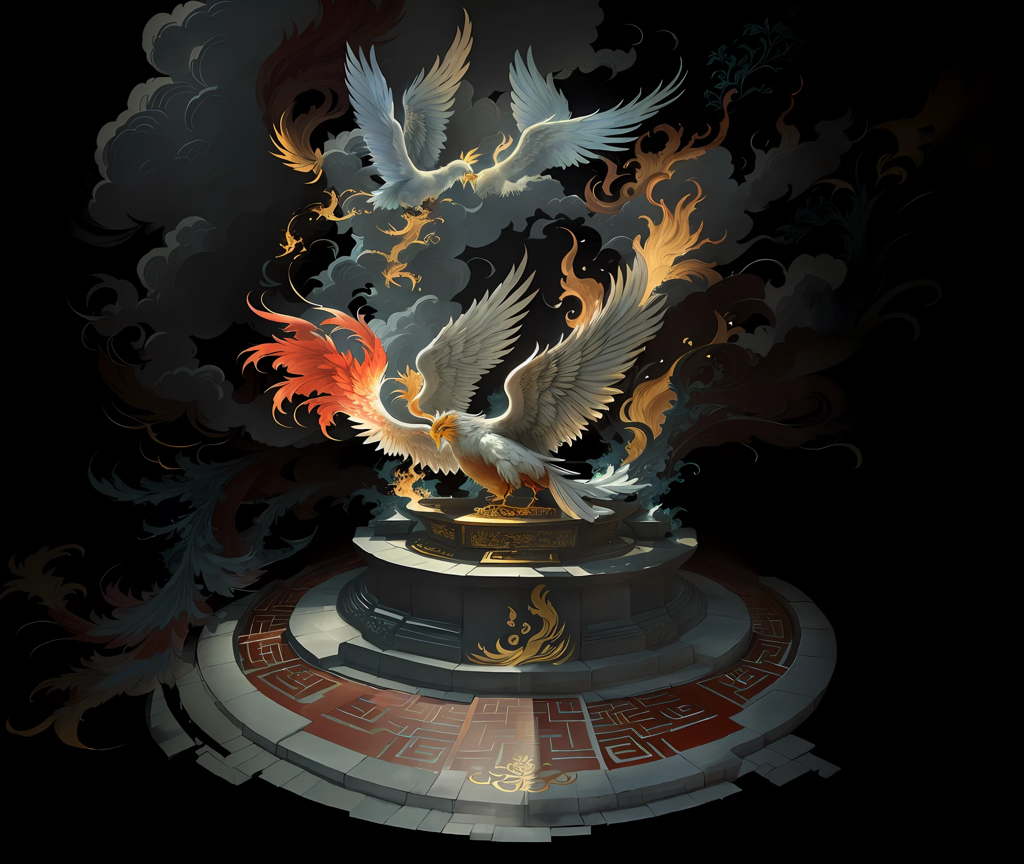 Phoenix, flame, stage, chinoiserie, auspicious clouds