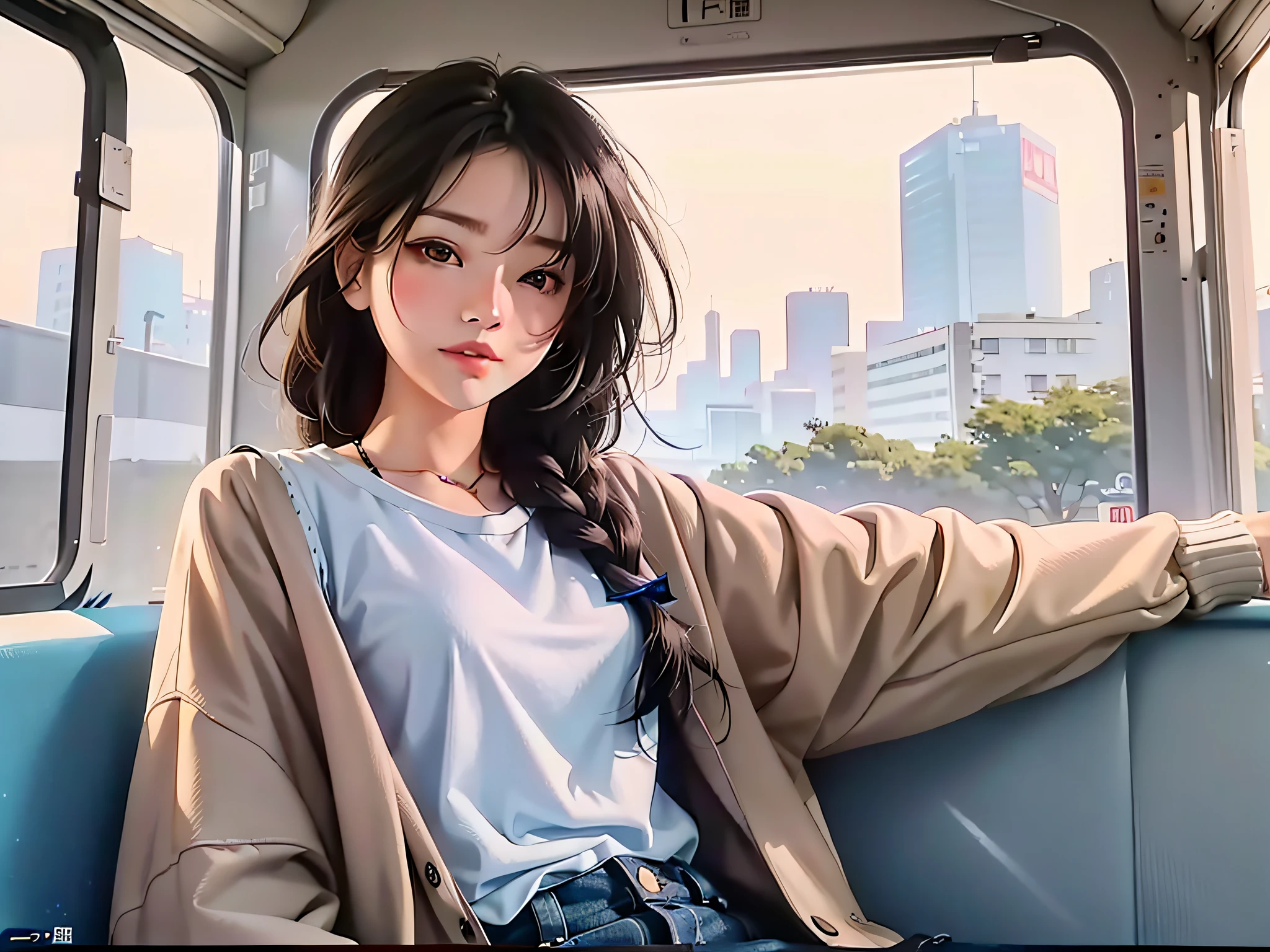 anime girl sitting on a bus with her arms crossed, artwork in the style of guweiz, lofi girl, beautiful anime girl, attractive anime girl, anime style. 8k, portrait anime girl, anime girl, lofi portrait, guweiz, (anime girl), trending on cgstation, pretty anime girl, korean girl, realistic cute girl painting