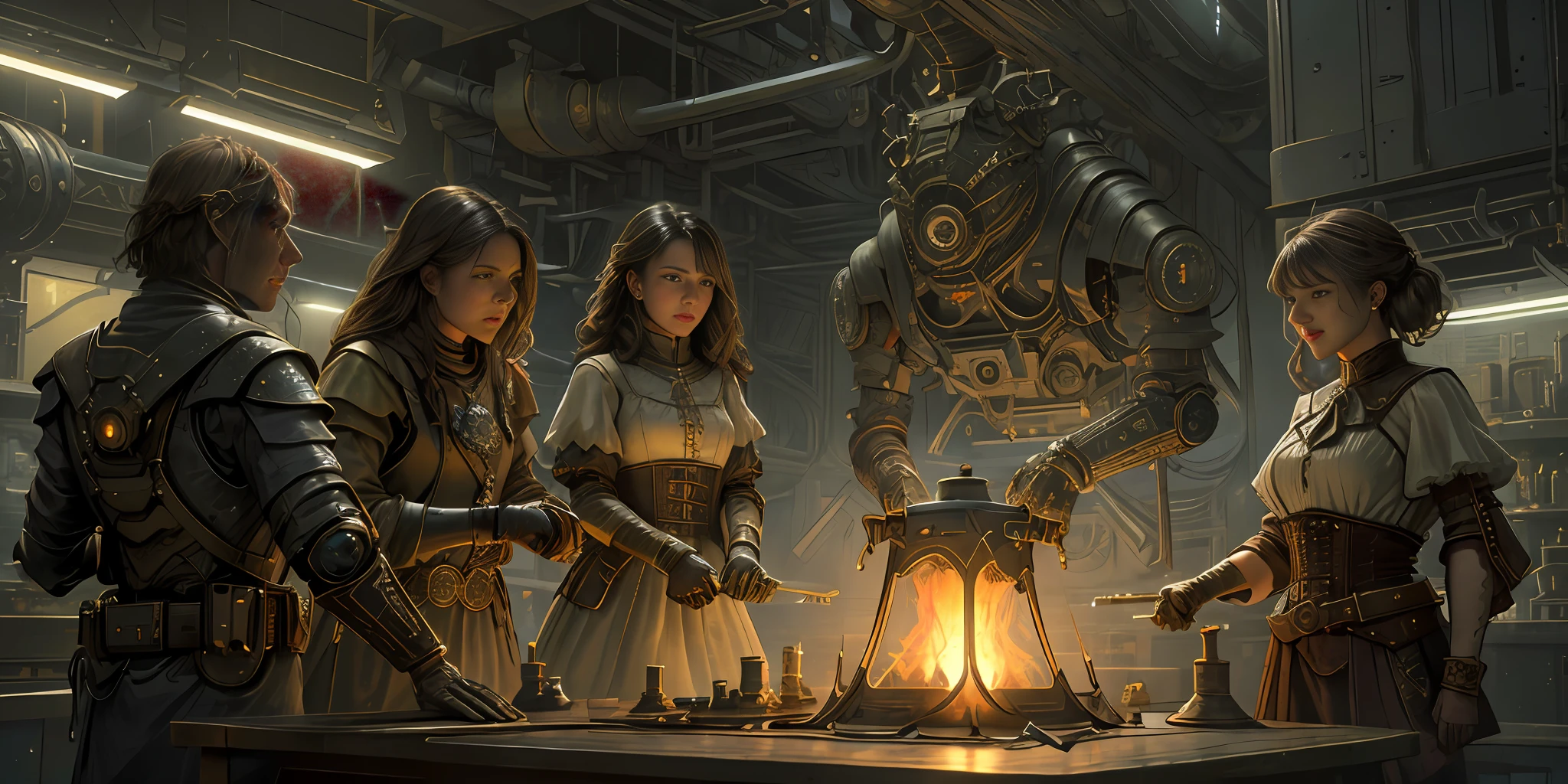 (Realisticity: 1.4), Fine, Quality, (Rembrandt Lighting: 1.3), (Masterpiece: 1.2), (Best Quality), Metallic, (Clothes Detail: 1.3), (Intricate Detail), Brunette Hair, Dramatic, Ray Tracing, Light Pollution, White, Combat, Intense, Dynamic, Angry, (1girl), 18th century European white shirt, Quarters composition, (openwork lace sleeves), (Tyndall effect: 1.2), Anatomically correct, (Sci-Fi, steampunk, gears, steam stoves, boiler, science, laboratory, fog))