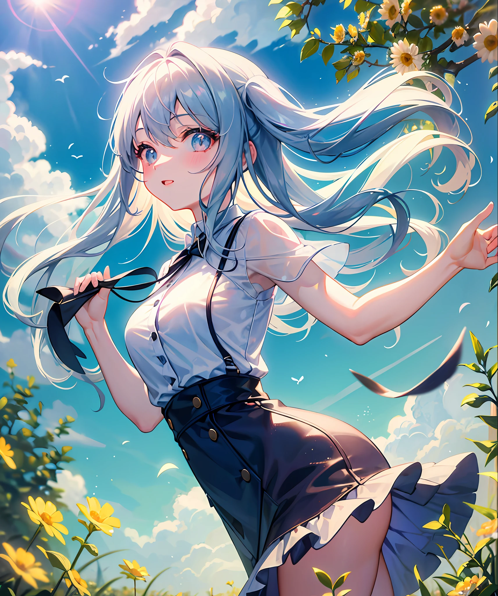 High Detail, Ultra Detail, Ultra High Resolution A cute and innocent girl is enjoying her time in an open field, surrounded by the beauty of nature, with the warm sun shining on her and wild flowers swaying gently in the breeze. Butterflies and birds flutt...