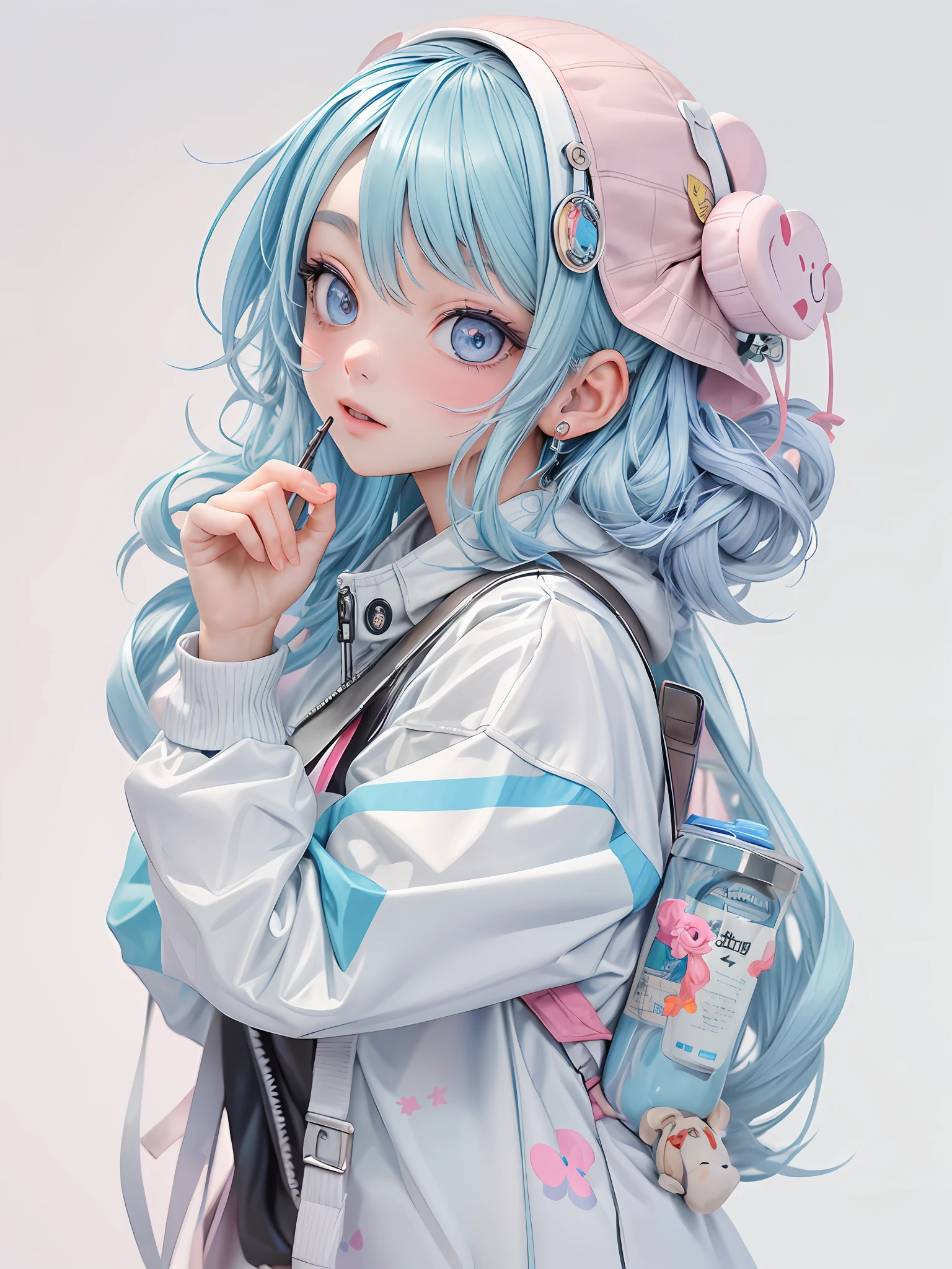 Masterpiece, best quality, official art, 8k wallpaper, very detailed, illustration, 1 girl, sky blue hair, hooded sweatshirt with bear motif on hat, pink backpack, yogurt