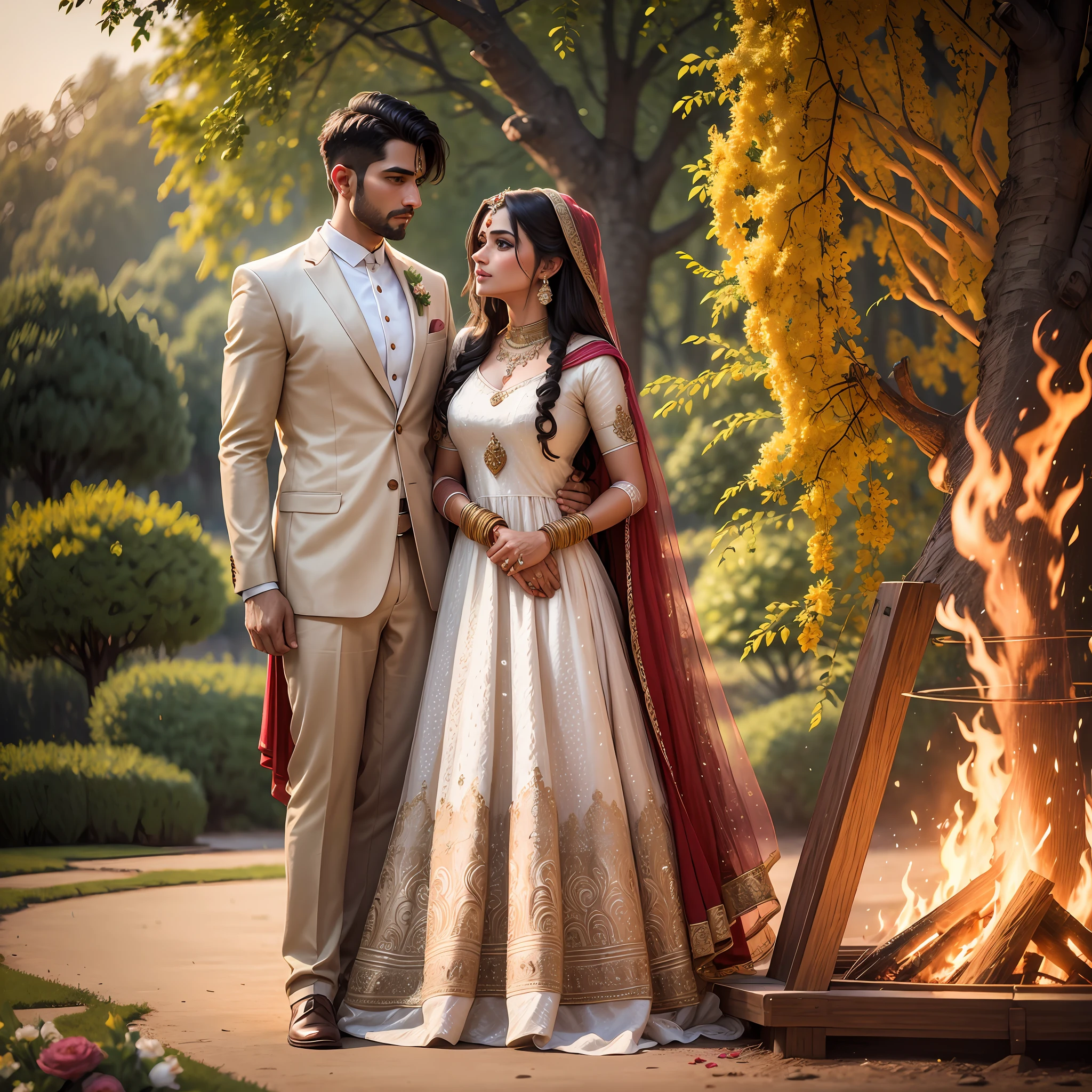 8k, ultra realistic, highly detailed, masterpiece, award winning picture, a couple, wedding portrait, indian style wedding,groom & bridal, standing,near , bonfire,wear wedding dress,sun set ,in marriage garden, tress, --auto --s2