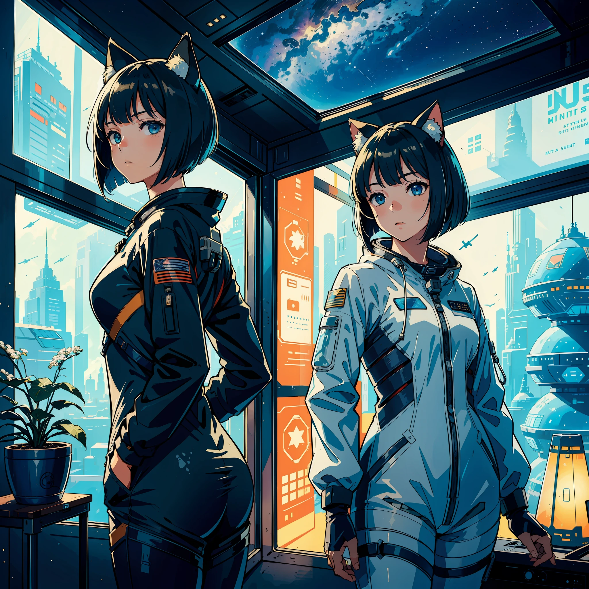 2girls, sci fi, futuristic, high tech, interior space station, astronaut suits, stars, cat ears, bob haircut, windows, expansive space views, houseplants, milky way, looking at viewer, highly detailed, ukiyo-e print, by Hiroshige