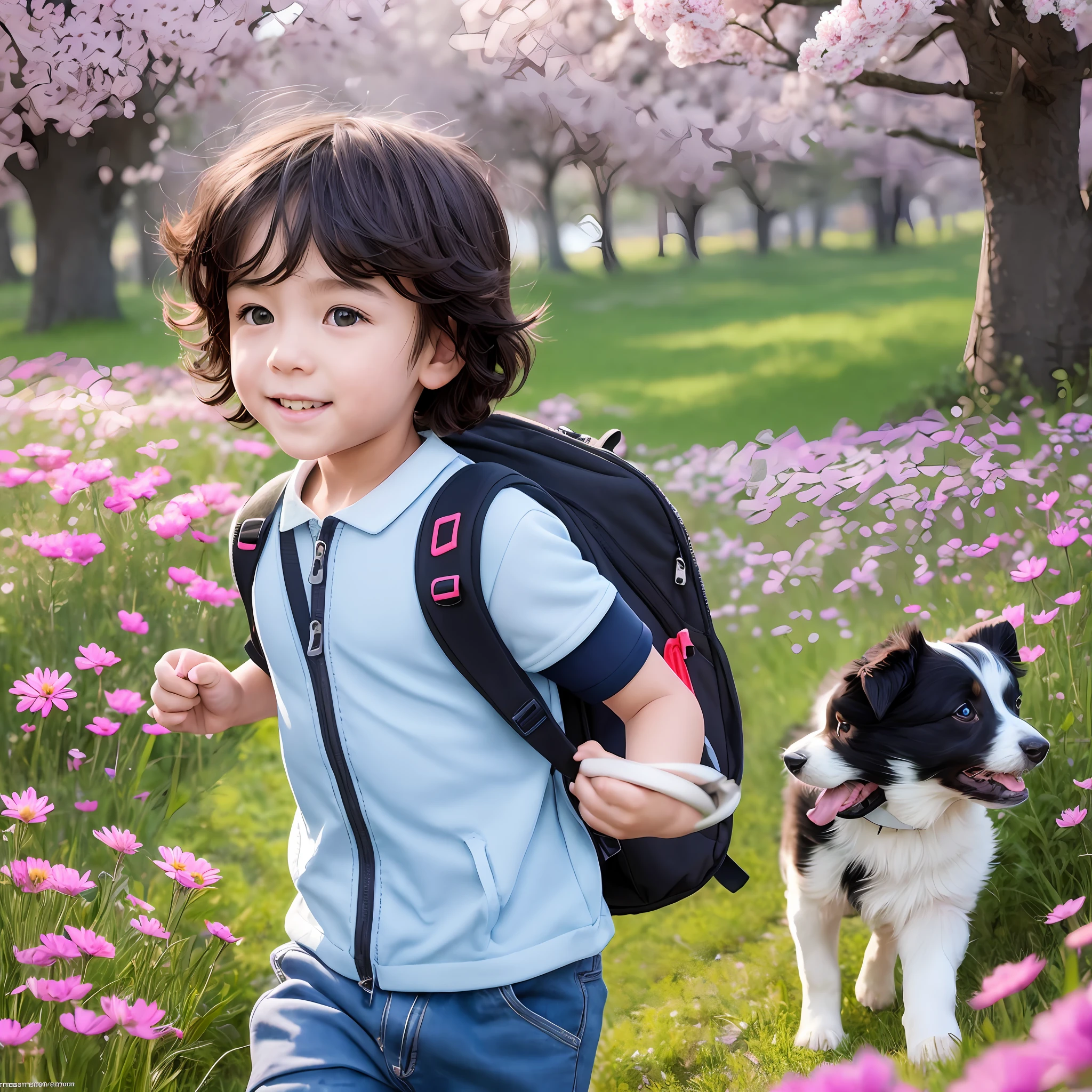 A  with a backpack, cute border collie puppy, running, enjoying a lovely spring outing surrounded by beautiful flowers and nature. The illustration is a high-definition illustration in 4K resolution with very detailed features and cartoon-style visuals --auto --s2