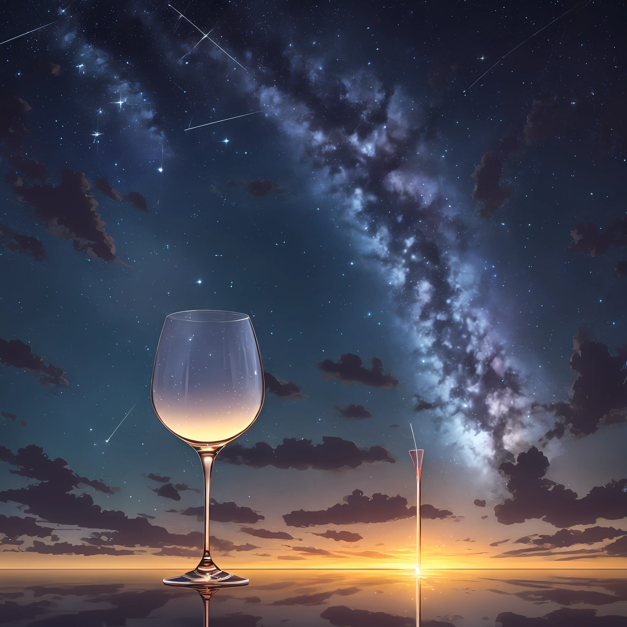 wine glass, clear liquid, no human, reflection, starry sky, landscape, cloud, glow