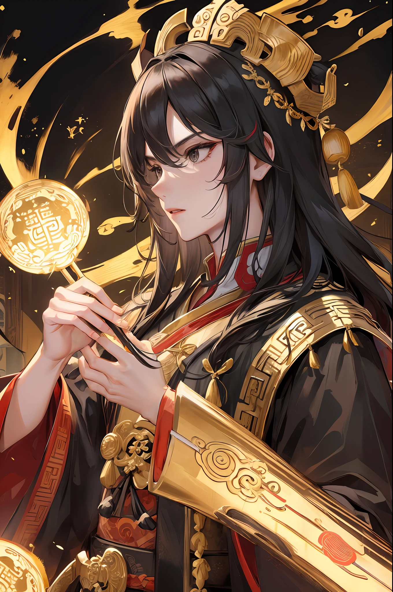 Masterpiece, best, night, full moon, 1 person, mature man, ancient China, Chinese court, eagle, black hair, black eyes, split hair, long hair, long bangs, handsome, face carving, Chinese crown, handsome, masculine, Serious, gentle, tall, calm, black and gold, gold pattern, dragon pattern, prince, sword match, profile, facial features details, facial features exquisite