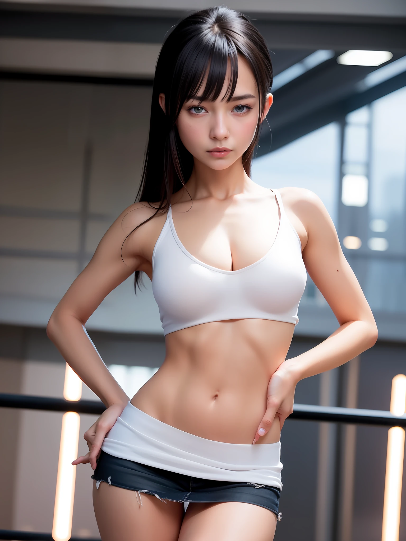 Tattered small white tank top, braless, (black miniskirt: 1.15), solo, woman, (pyoapple v1:1.05), pio apple, (parted lips, light smile), (shiny skin: 1.1), blush, (bangs)), long hair, clenched fist, duke, fighting pose, skindentation, (slim slender body)), (long legs), model figure, Top quality, ultra high resolution, (photorealistic), (detailed face and eyes), industrial slam cyberpunk dystopian background, big