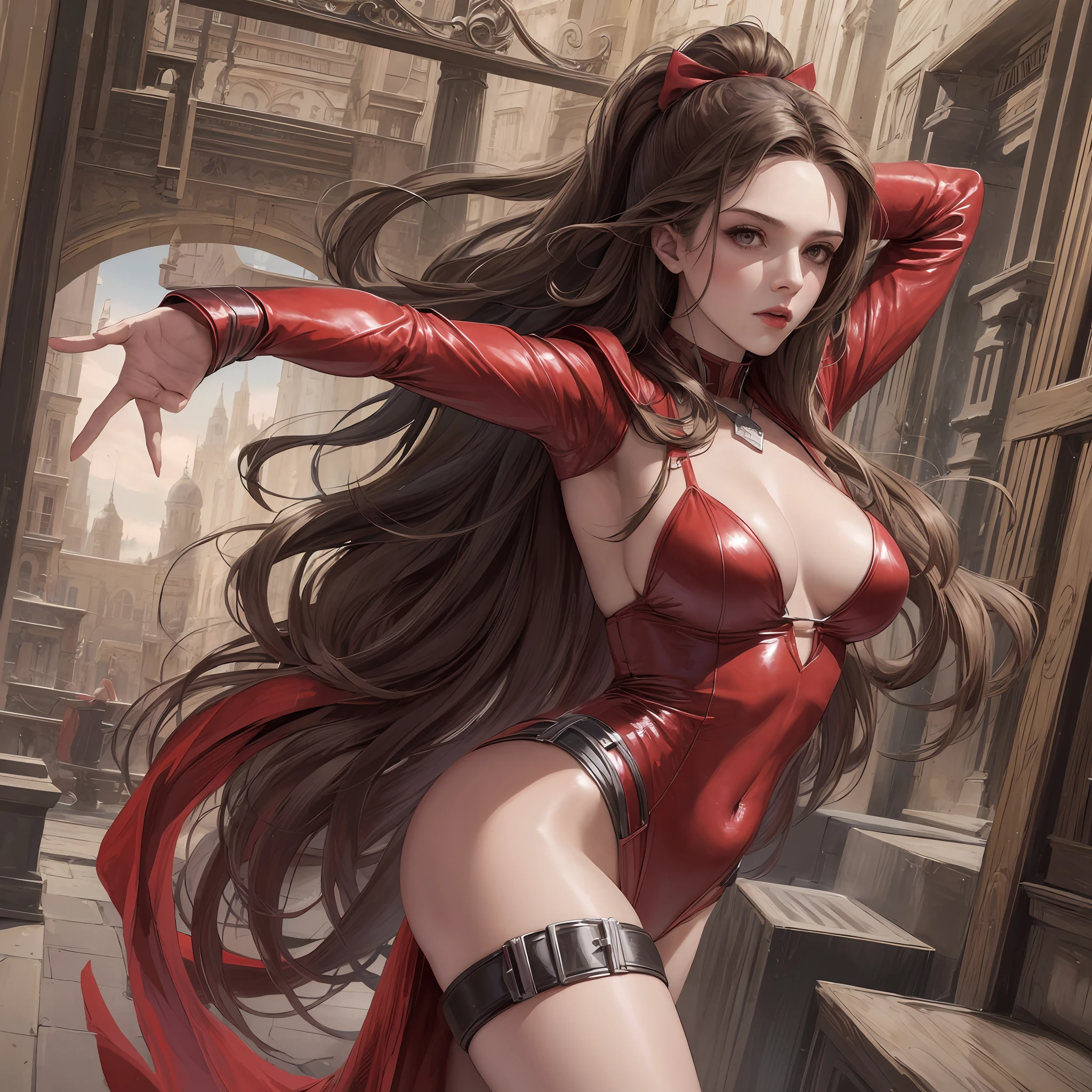 Realistic, high resolution, 1 girl, loose straight hair, realistic, full body, dynamic pose, heroine, scarlet witch, detailed brown eyes, large breasts, she is facing the audience, left arm flexed at waist height with closed fist, right arm extended down, skinlet red bikini tight, large breasts, long legs, camel fingers, scarlet red cover, black background, scarlet witch, marvel movies, hd, masterpiece, best quality, high_resolution, finely detailed, extremely detailed and beautiful, distinct_image, --auto --s2