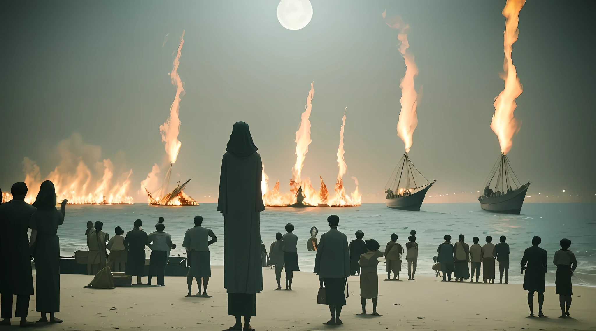 Thodōros Angelopoulos style, seaside, moon, several people around a huge bonfire for sacrificial ceremonies, live-action photography, retro parties, 1920s, low saturation, gray tones, HD quality, surrealism, --auto --s2