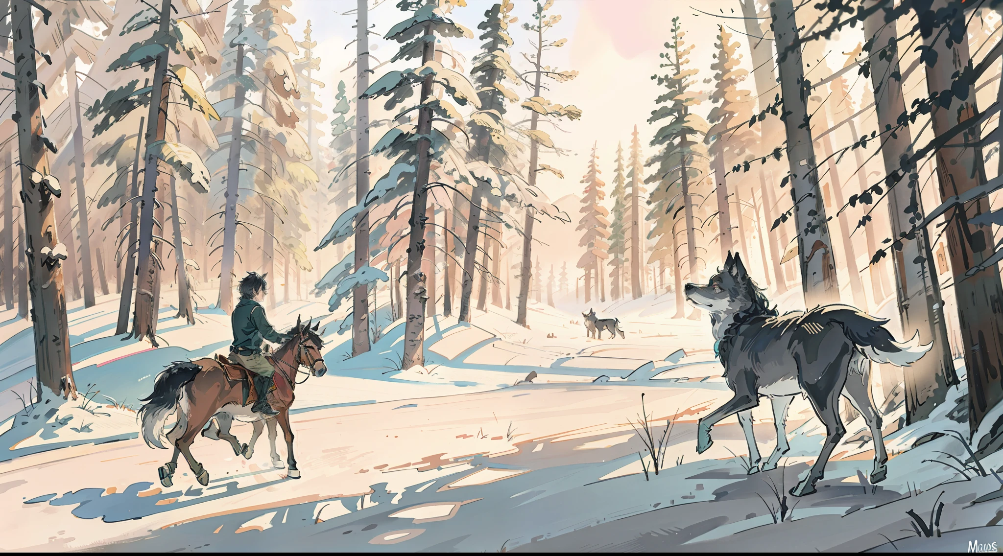 A boy surrounded by wolves in a forest full of magical animals