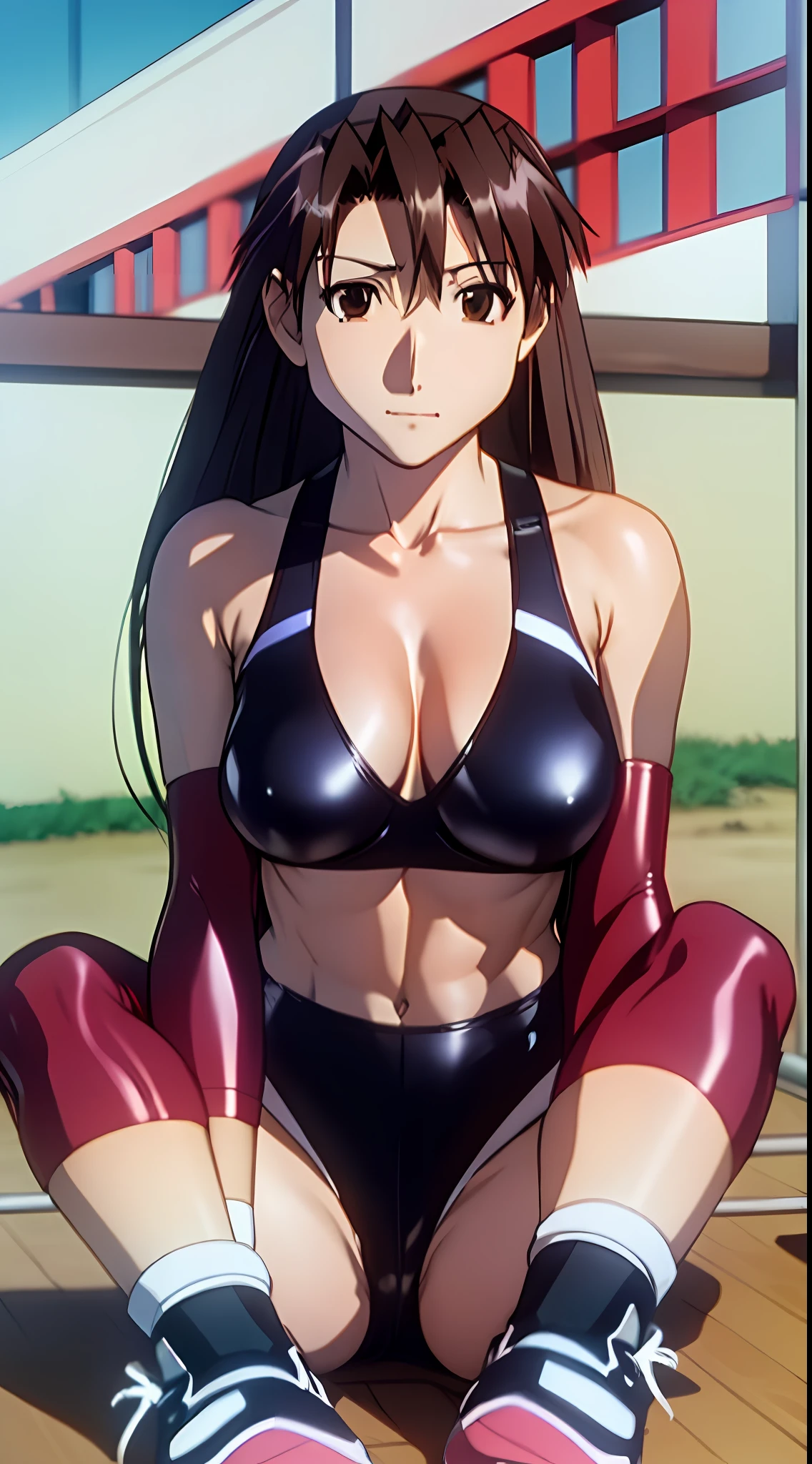 Koyomi Mizuhara, long hair, brunette female, swimsuit, huge breasts, thighs, black high knee socks, shoes, slender figure, athletic build