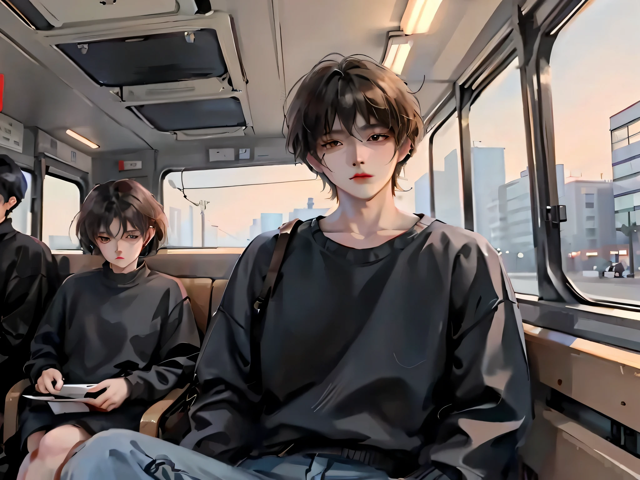 there are three people sitting on a bus with their cell phones, artwork in the style of guweiz, lofi artstyle, anime realism style, lofi portrait, anime style. 8k, with short hair, realistic anime 3 d style, guweiz, in anime style, inspired by Yanjun Cheng, realistic anime artstyle, male ulzzang