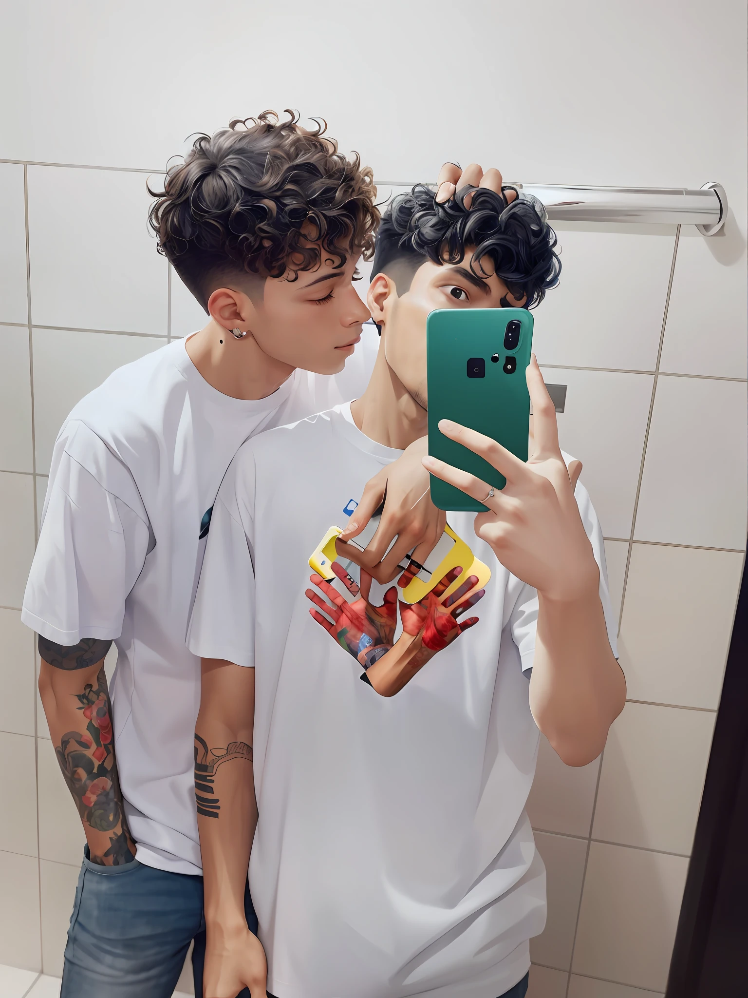 there are two men standing in a bathroom taking a selfie, gay, cute boys, vibrant aesthetic, by Nándor Katona, two young men, 😭🤮 💔, they are in love, curly and short top hair, boys, twink, kissing together cutely, tumblr, highly aesthetic, twins, very aesthetic!!!!!!, curls on top of his head