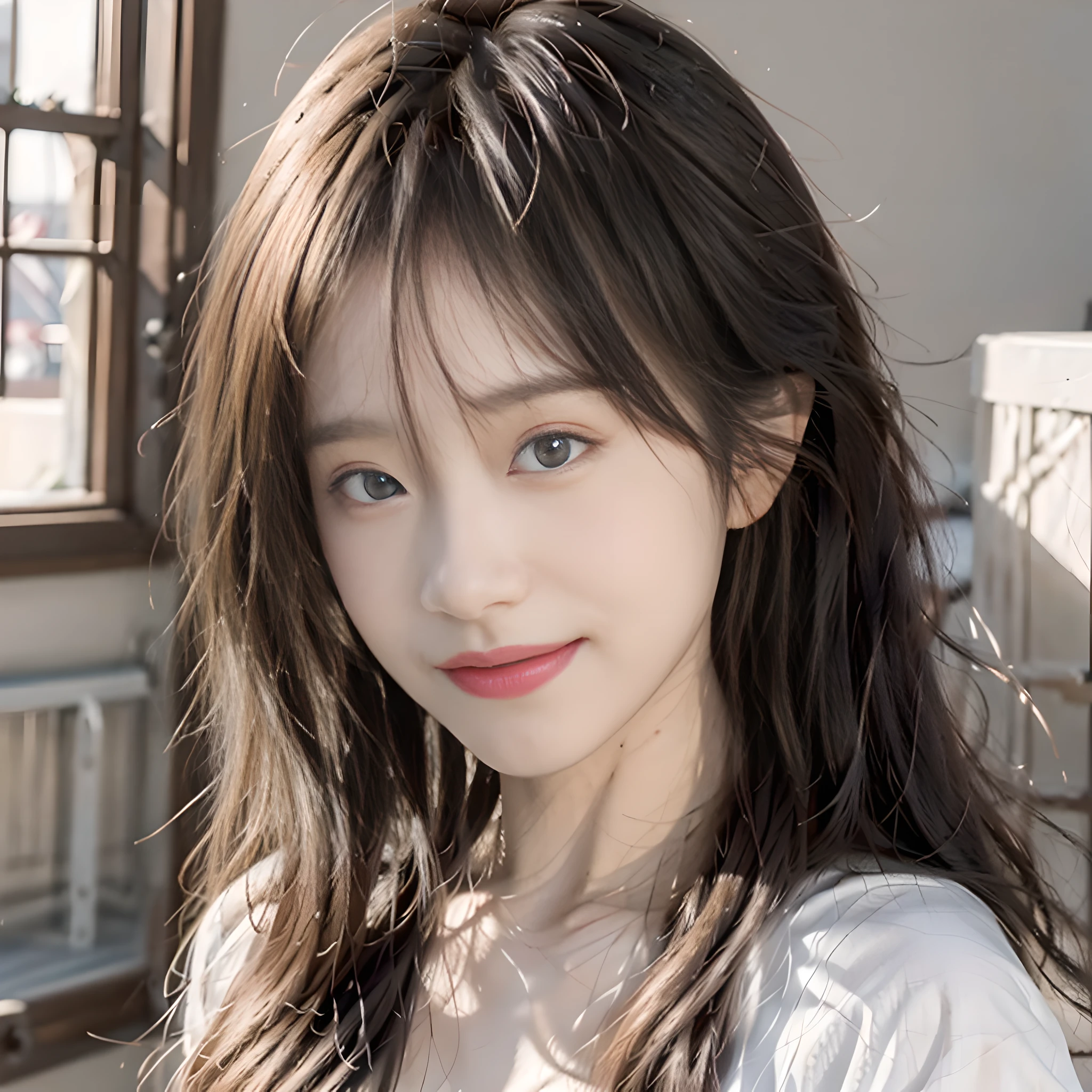 8K, Best Quality, Masterpiece, Ultra High Resolution, (Realism: 1.4), Original Photo, (Real Skin Texture: 1.3), (Film Grain: 1.3), (Selfie Angle), (1 Girl), Beautiful Blue Eyes and Face Details, Masterpiece, Best Quality, Close-up, Upper Body, Looking at the Viewer, Vest, In the Room, Skin Transparent, Smiling, Bright Tones, Highlights on Face, Overall Brightening of the Picture, 1/3 White on the Head