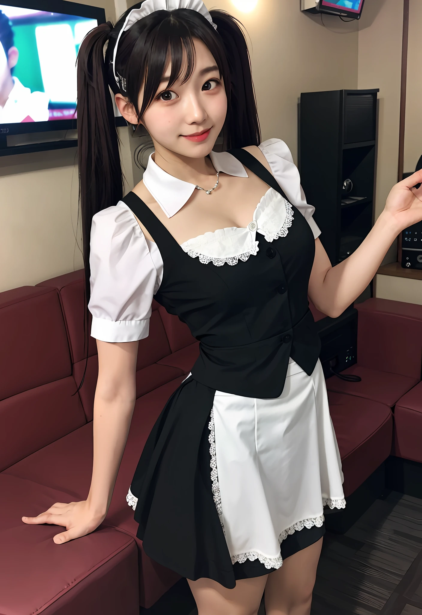 Realistic, high quality, maid, hairstyle twin tails, maid clothes with open chest, short skirt, waiting for karaoke, karaoke box, staring, private room,