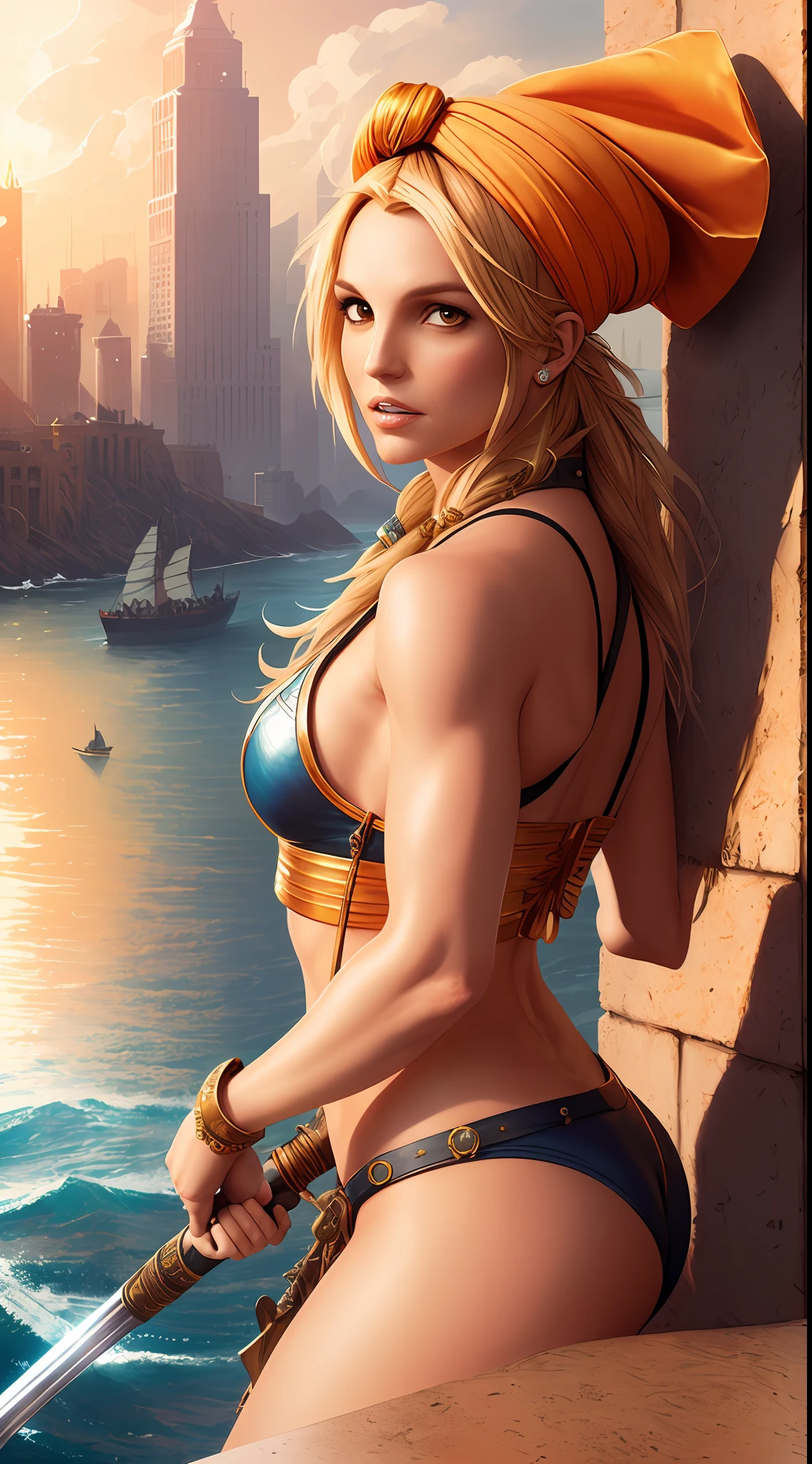 (Britney Spears) Masterpiece, best quality, (8k very detailed CG unit wallpaper) (best quality), (best illustration), (best shading) a golden sea wave, bright orange aol sunset through the wave, golden water drops flying, (:1. 6), fantasy medieval pirate, saber in hand, turban, pirate hat, hat, on a boat, sails, sea and sky background,  the only characters, correct female anatomy, art by Greg Rutkowski, digital art by artgerm, detailed art, masterpiece, digital painting, Times Square 4k background