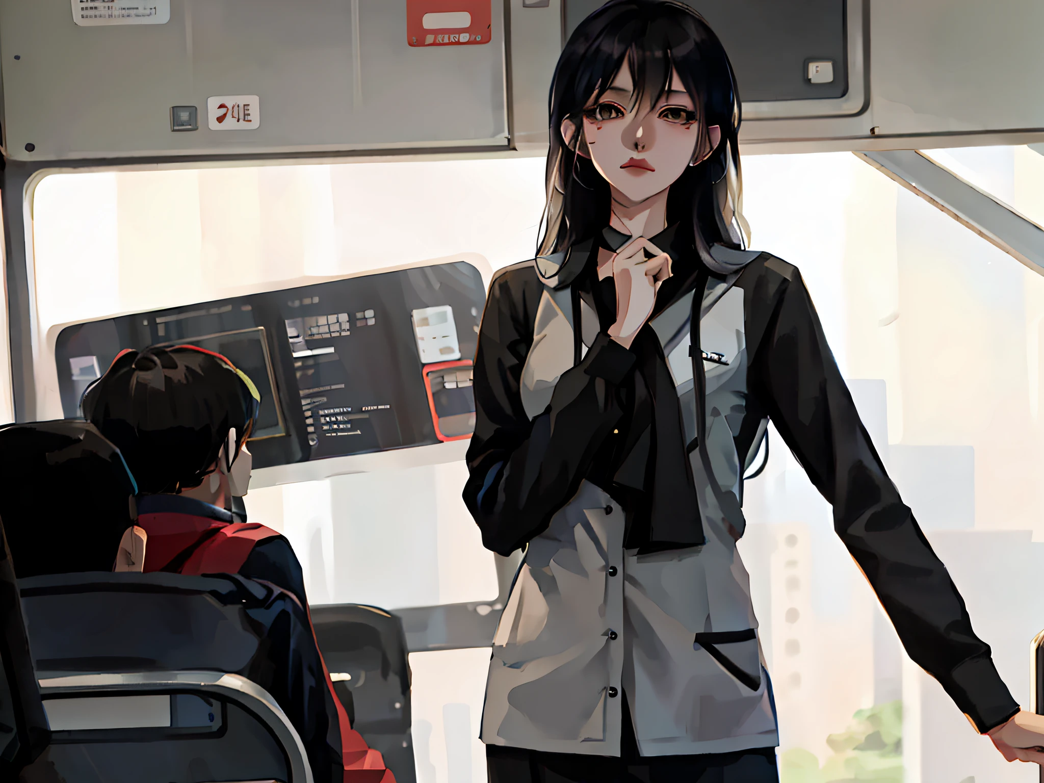 anime character in a suit and tie standing in a bus, artwork in the style of guweiz, digital anime illustration, modern anime style, guweiz, cyberpunk anime girl in hoodie, painted in anime painter studio, digital cyberpunk anime art, anime styled digital art, modern cyberpunk anime, very modern anime style, made with anime painter studio