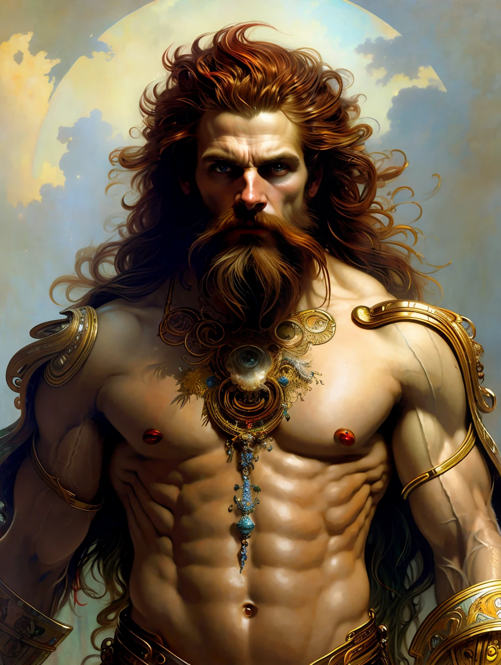 A painted portrait of a fitted Hades, god of the underworld, greek god, red hair, evil eyes, bronze skin, male, , handsome, upper body, muscular, hairy torso, fantasy, intricate, elegant, highly detailed, digital painting, art station, concept art, soft, sharp focus, illustration, art by Gaston Bussiere and Alphonse Mucha