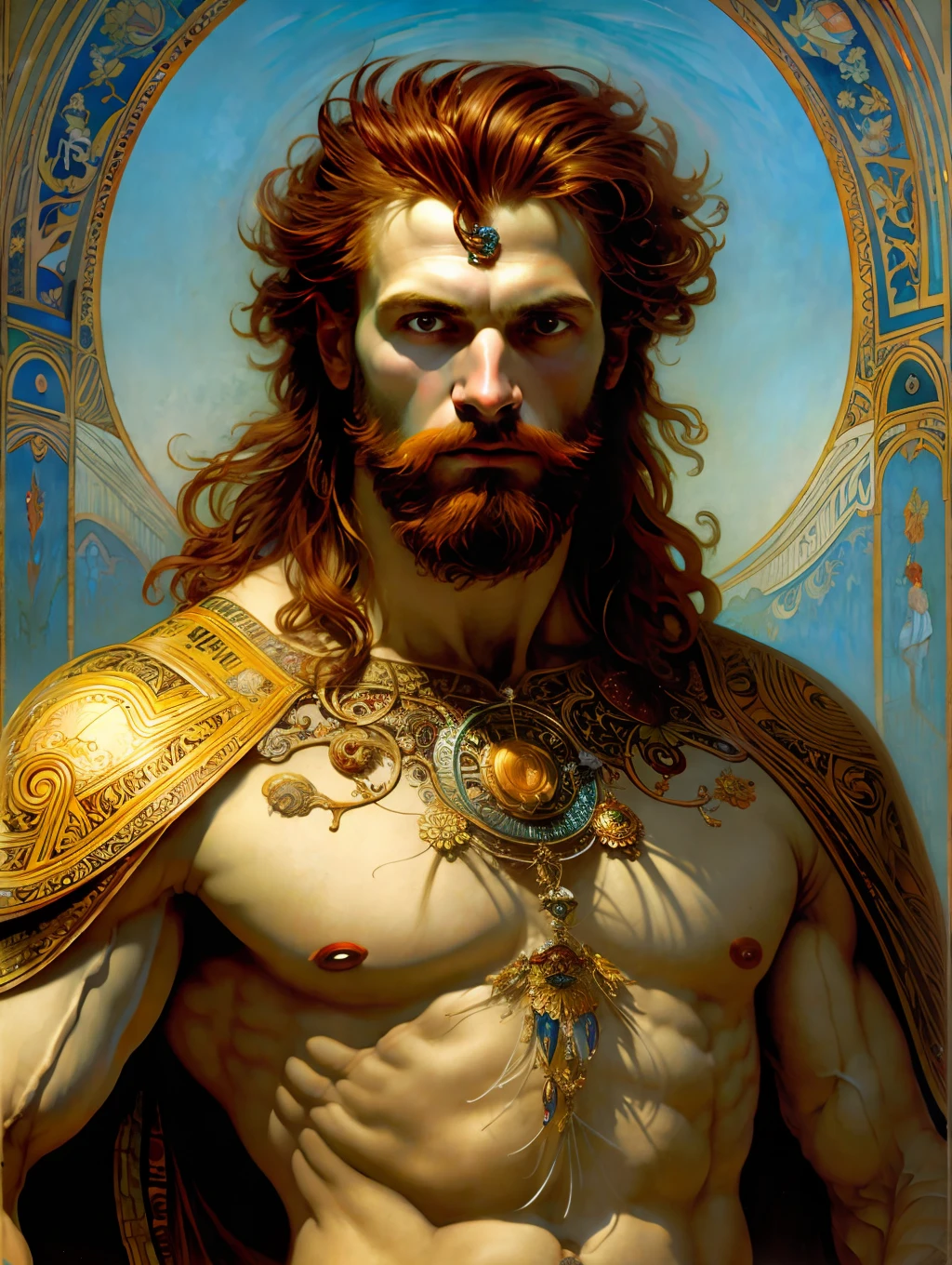 A painted portrait of a fitted Hades, god of the underworld, greek god, red hair, evil eyes, bronze skin, male, , handsome, upper body, muscular, hairy torso, fantasy, intricate, elegant, highly detailed, digital painting, art station, concept art, soft, sharp focus, illustration, art by Gaston Bussiere and Alphonse Mucha