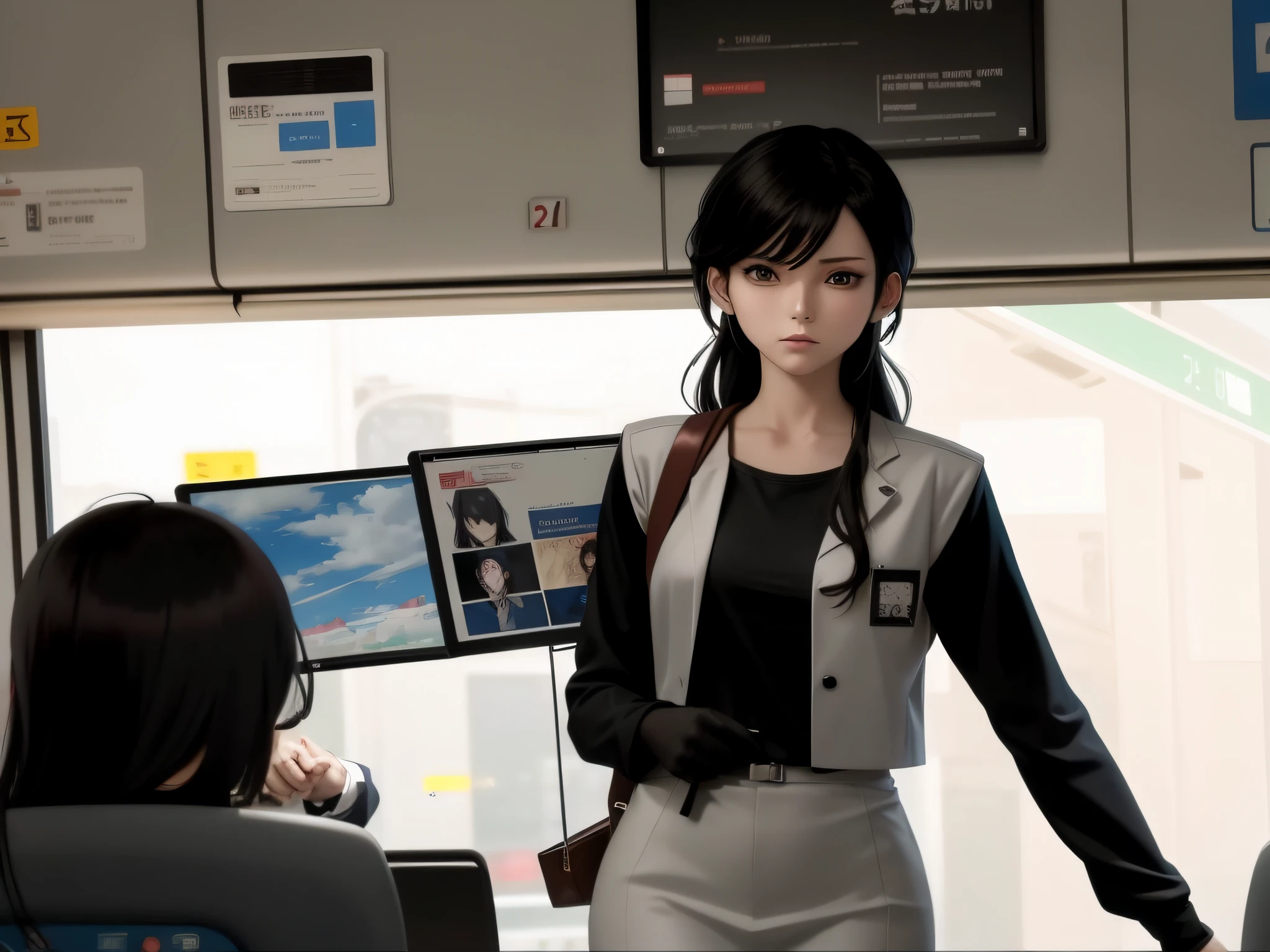 anime character in a train with a woman in a suit, digital anime illustration, artwork in the style of guweiz, painted in anime painter studio, modern cyberpunk anime, digital cyberpunk anime art, modern anime style, detailed digital anime art, digital anime art, anime styled digital art, digital manga art, made with anime painter studio, pilot girl