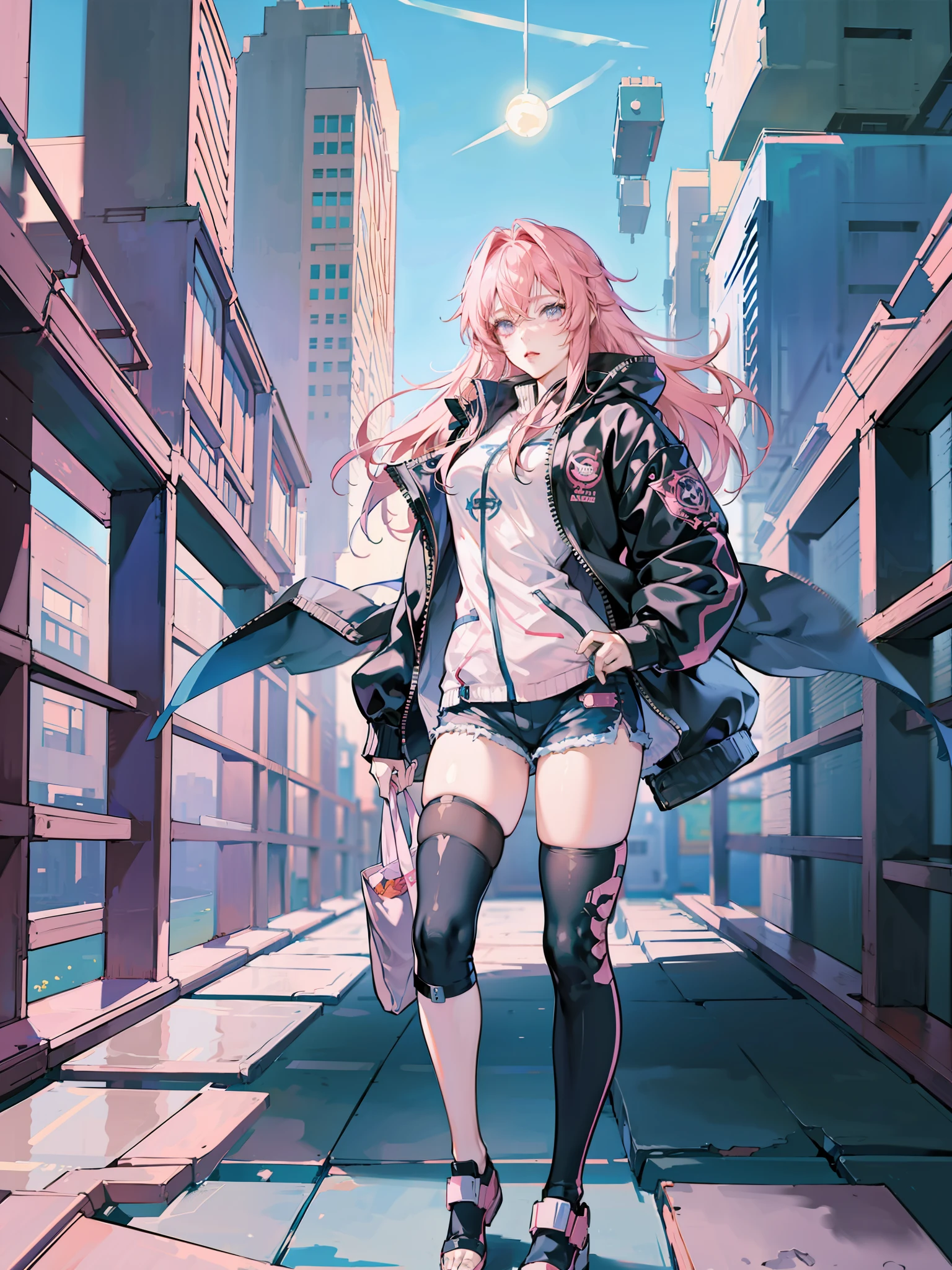 anime girl in short shorts and jacket, pink long hair, next to a giant robot, guweiz-style art, cyberpunk anime girl mech, trend in cgstation, guweiz, by Russell Dongjun Lu, cyberpunk anime digital art, ross tran 8 k, guweiz in artstation pixiv, girl in mecha cybernetic armor --auto --s2